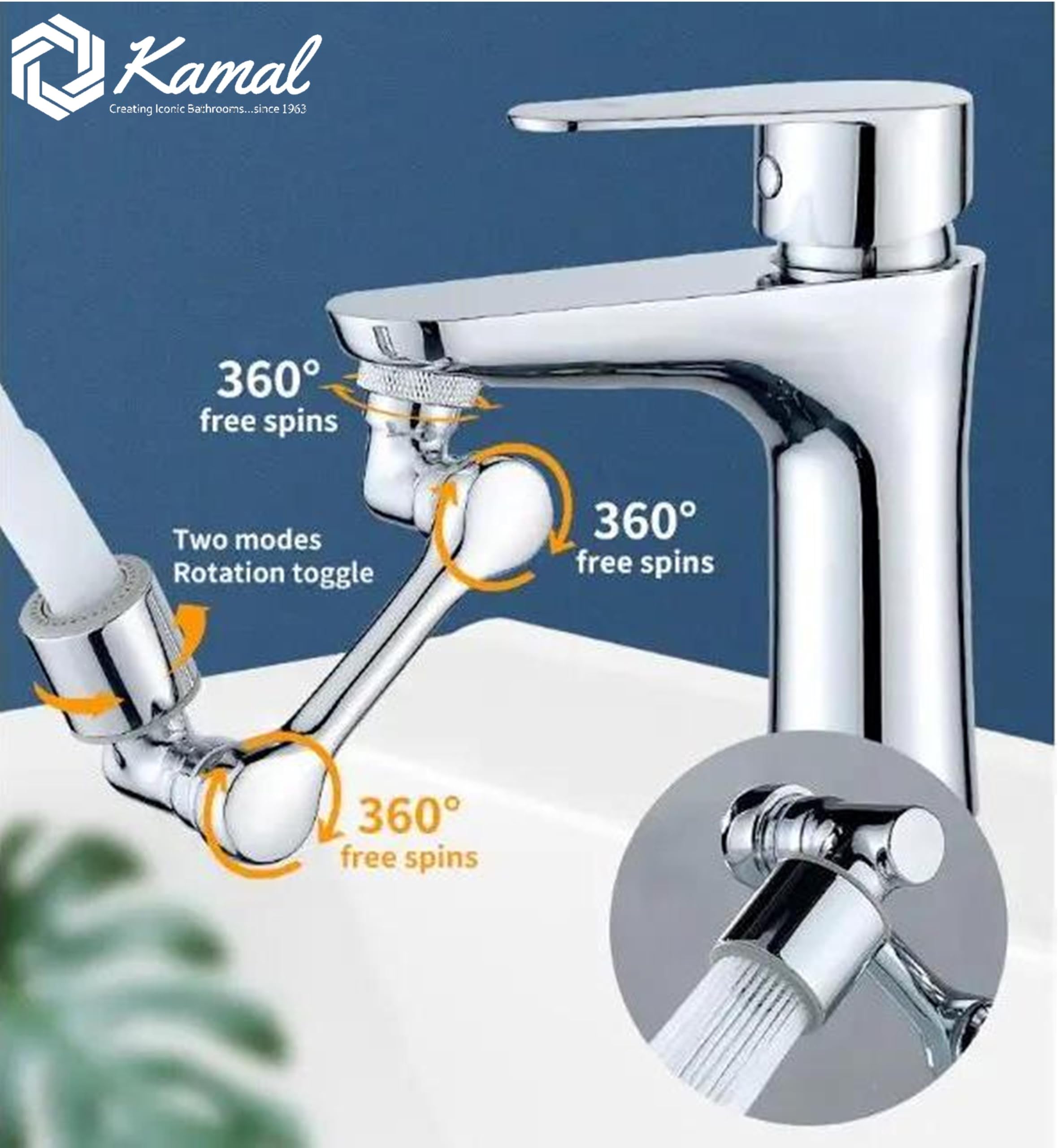 1080° Swivel Faucet Aerator Rotatable Multi-Functional with 2 Modes (Full Brass) - by Kamal
