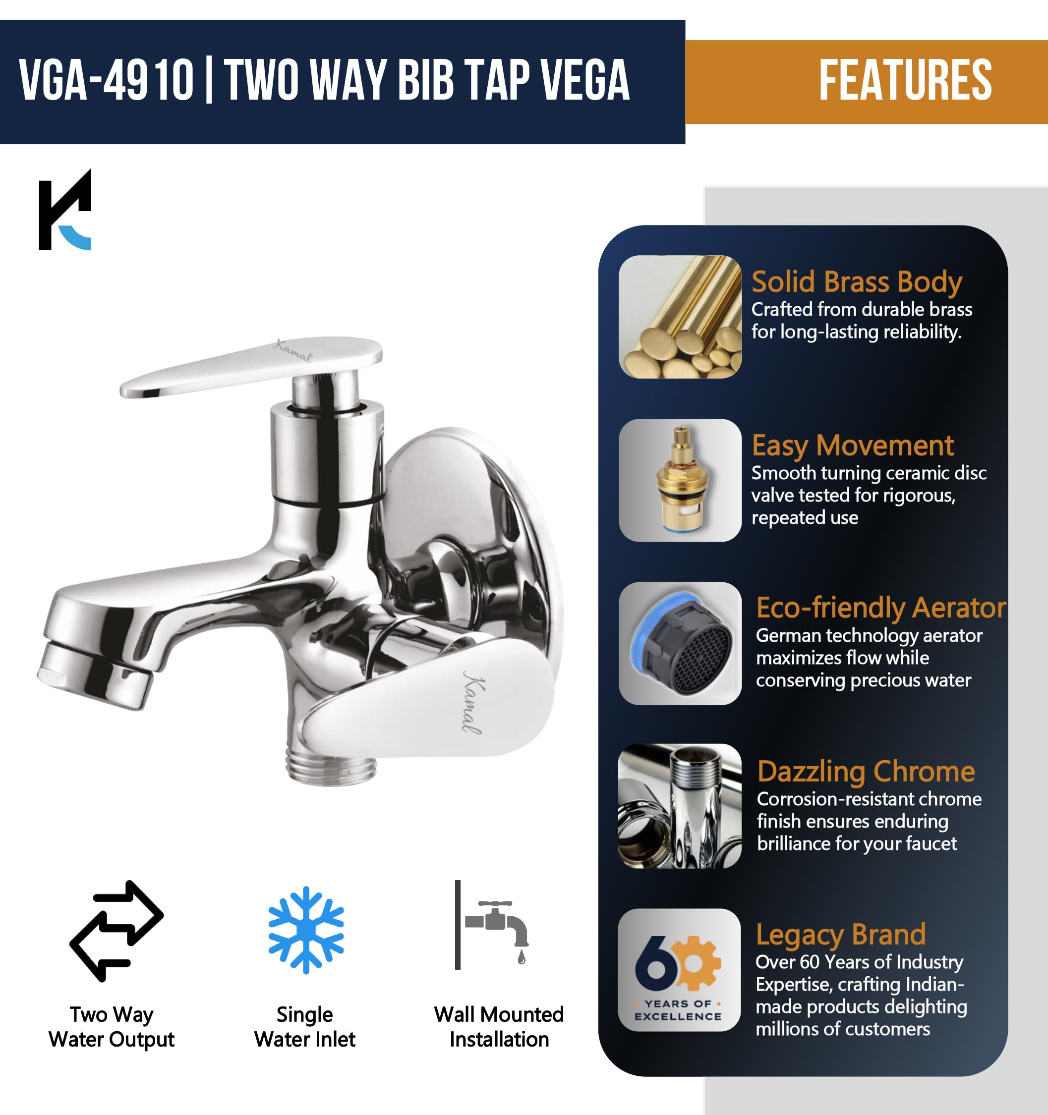 Vega Two Way Bib Tap (Full Brass) - by Kamal