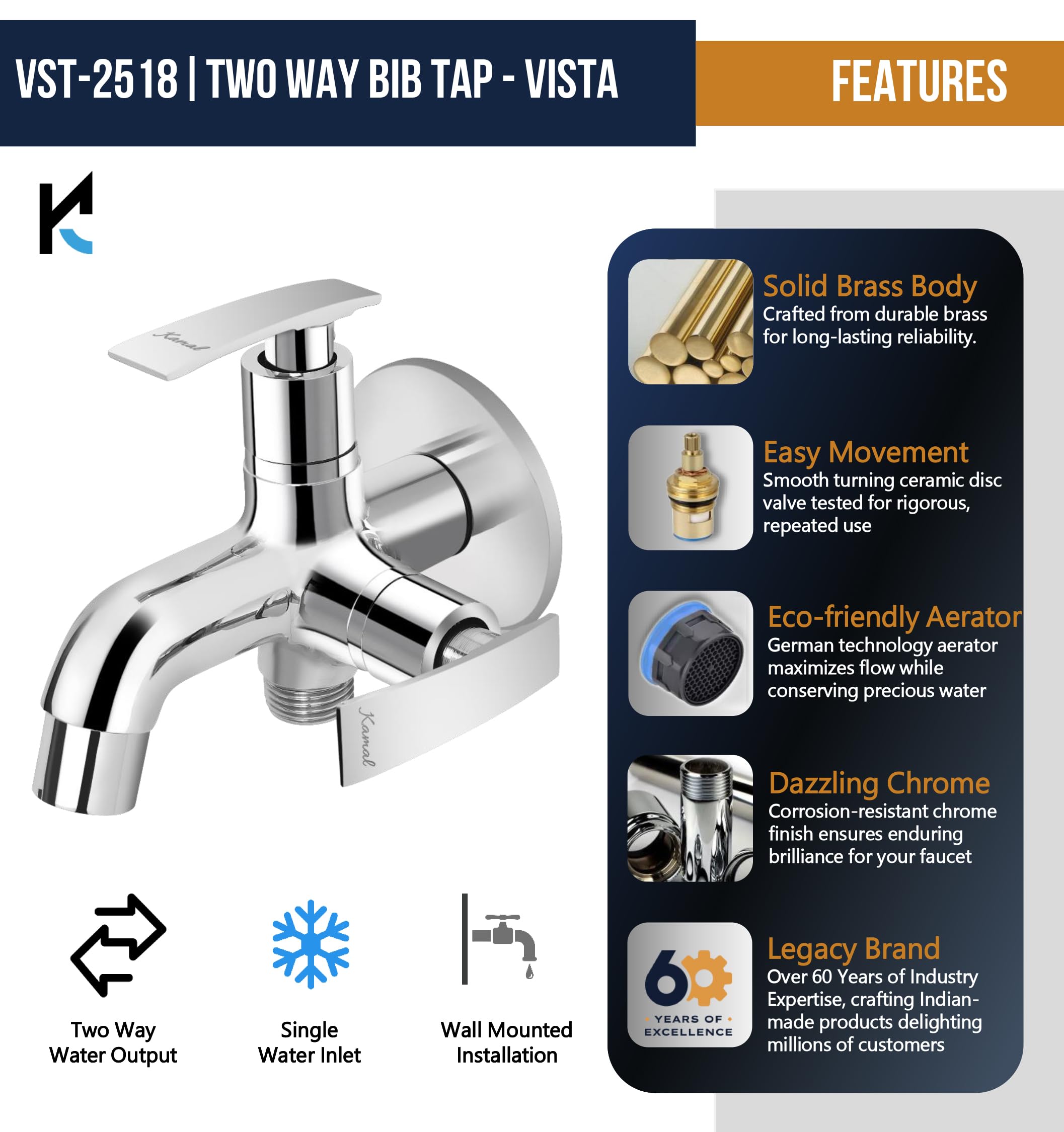 Vista Full Brass Two in one Bib Tap (Full Brass) - by Kamal