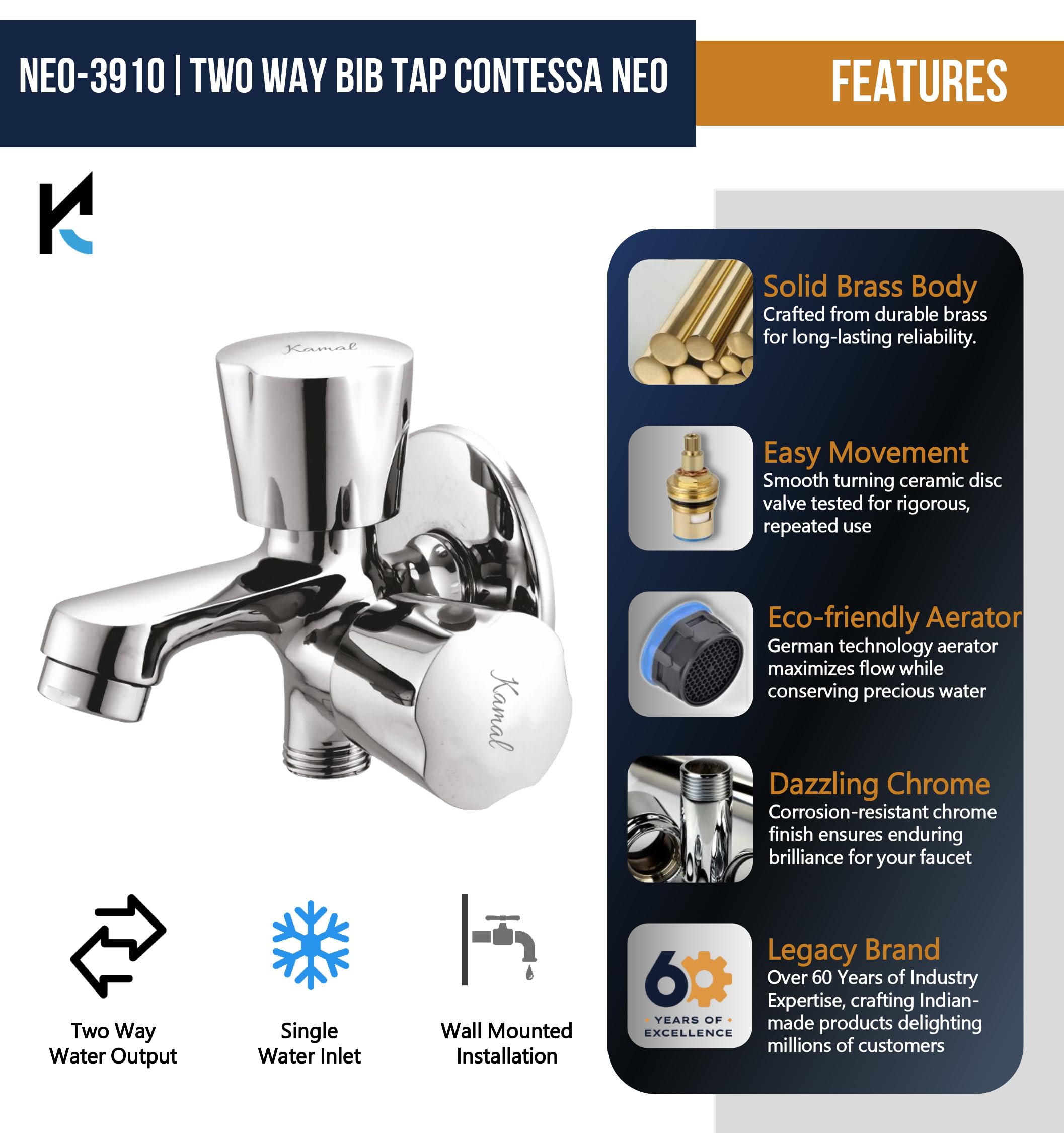Contessa Neo Two Way Bib Tap (Full Brass) - by Kamal