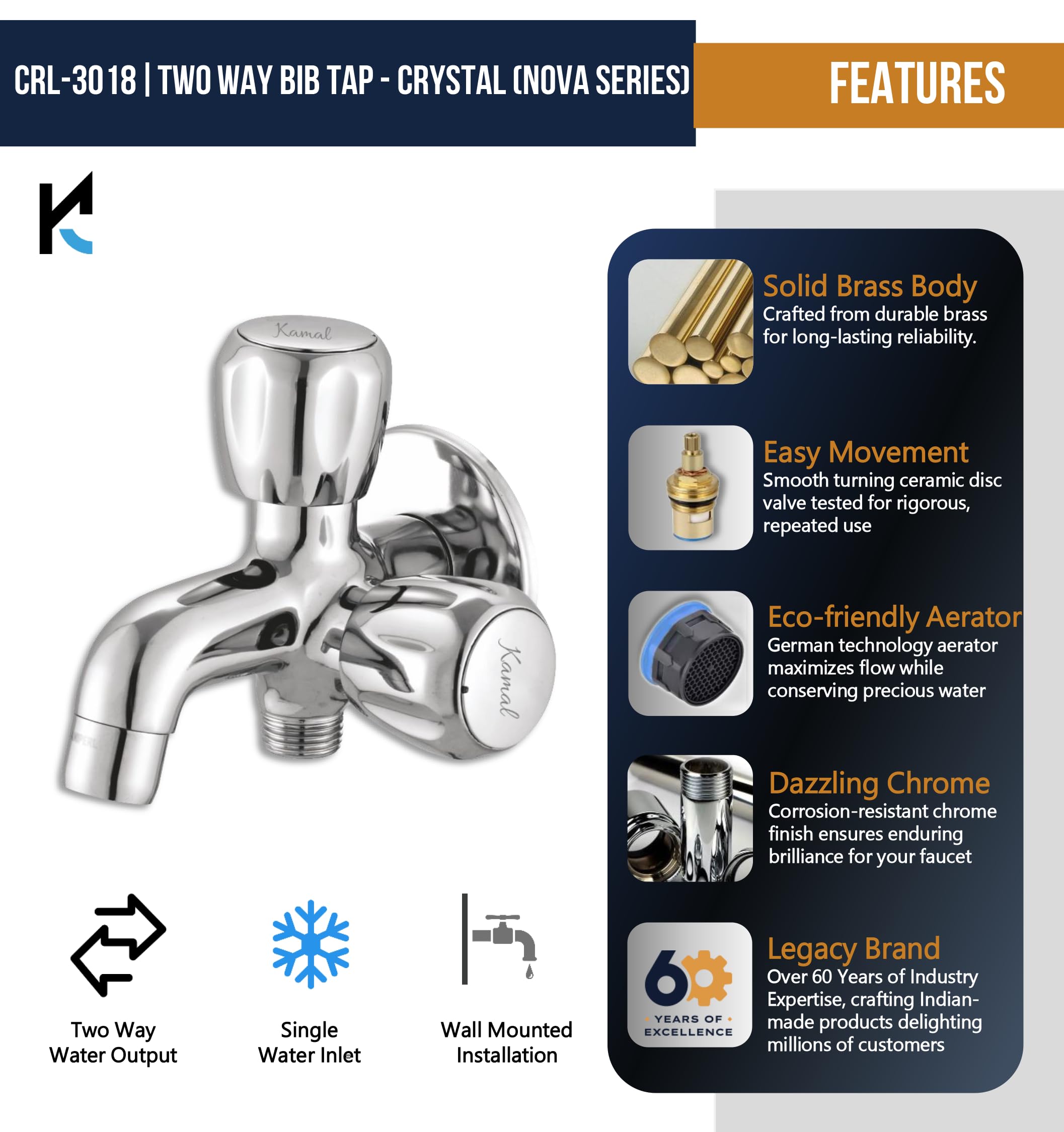 Crystal Two Way Bib Tap (Full Brass)- by Kamal