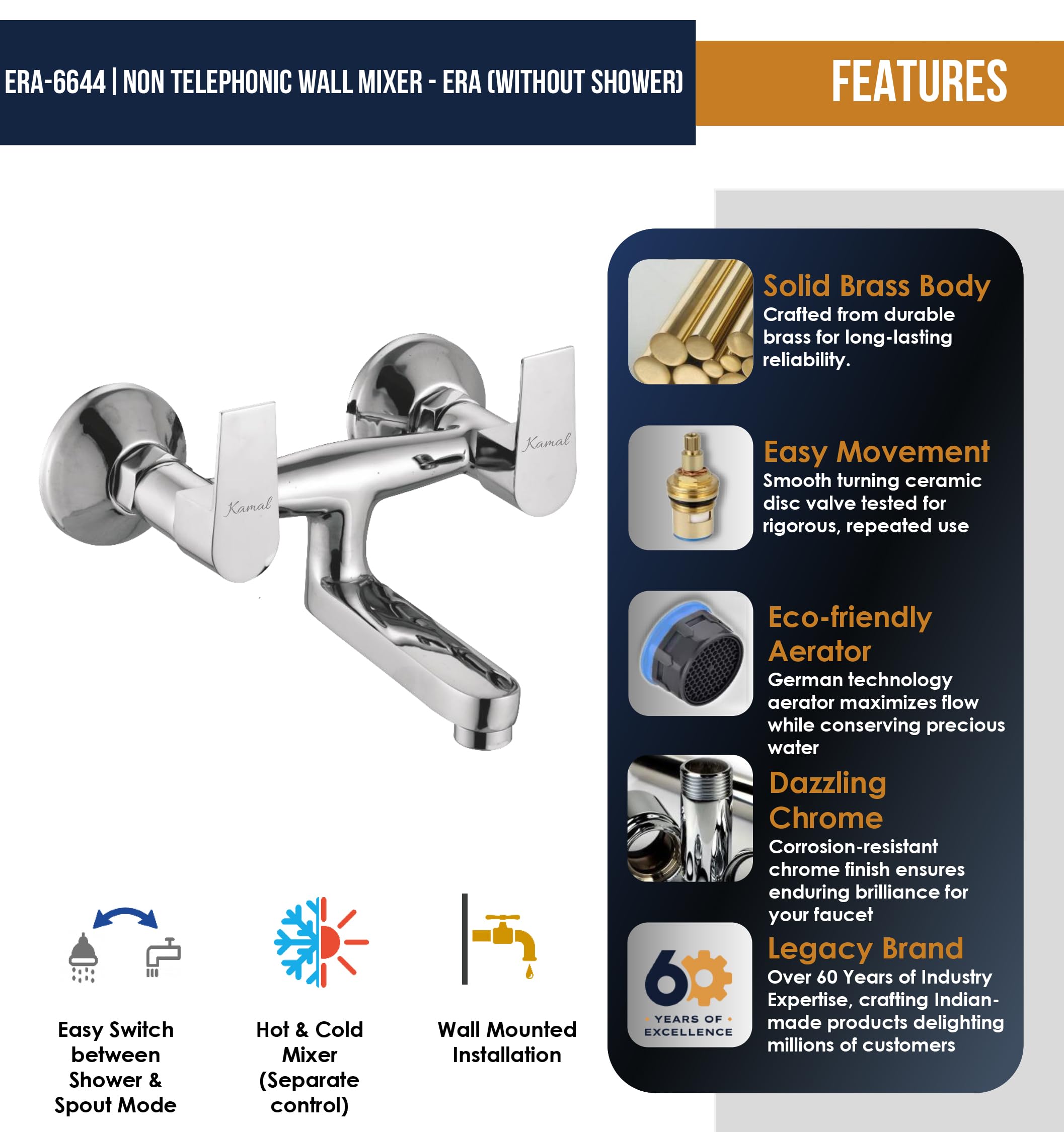 Era Non Telephonic Wall Mixer (Full Brass) - by Kamal