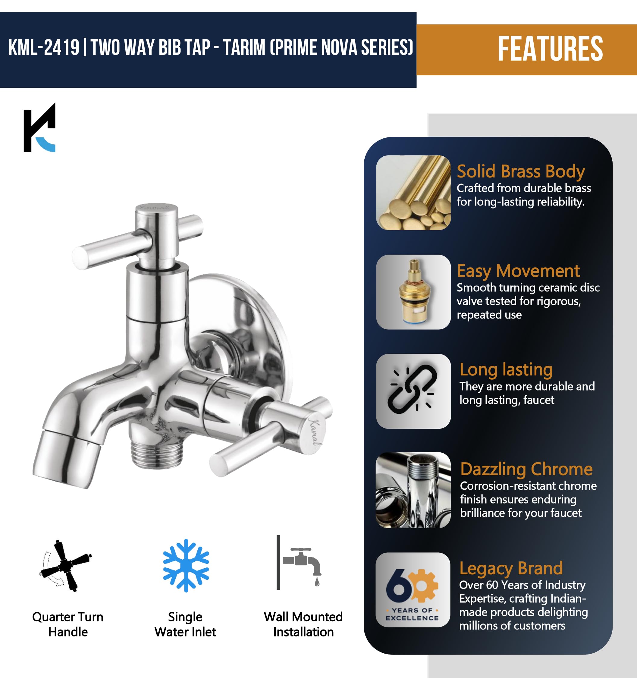 Tarim Prime Nova Series Kamal Two Way Bib Tap (Full Brass) - by Kamal