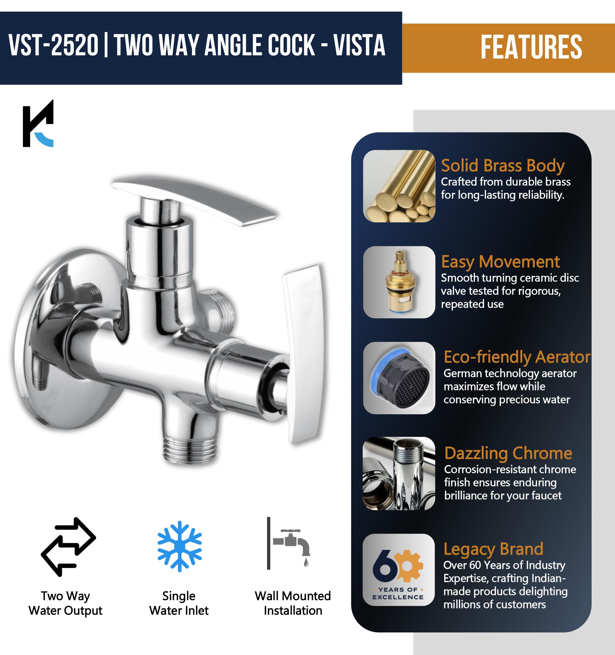 Vista Two in One Angle Valve (Full Brass) - by Kamal