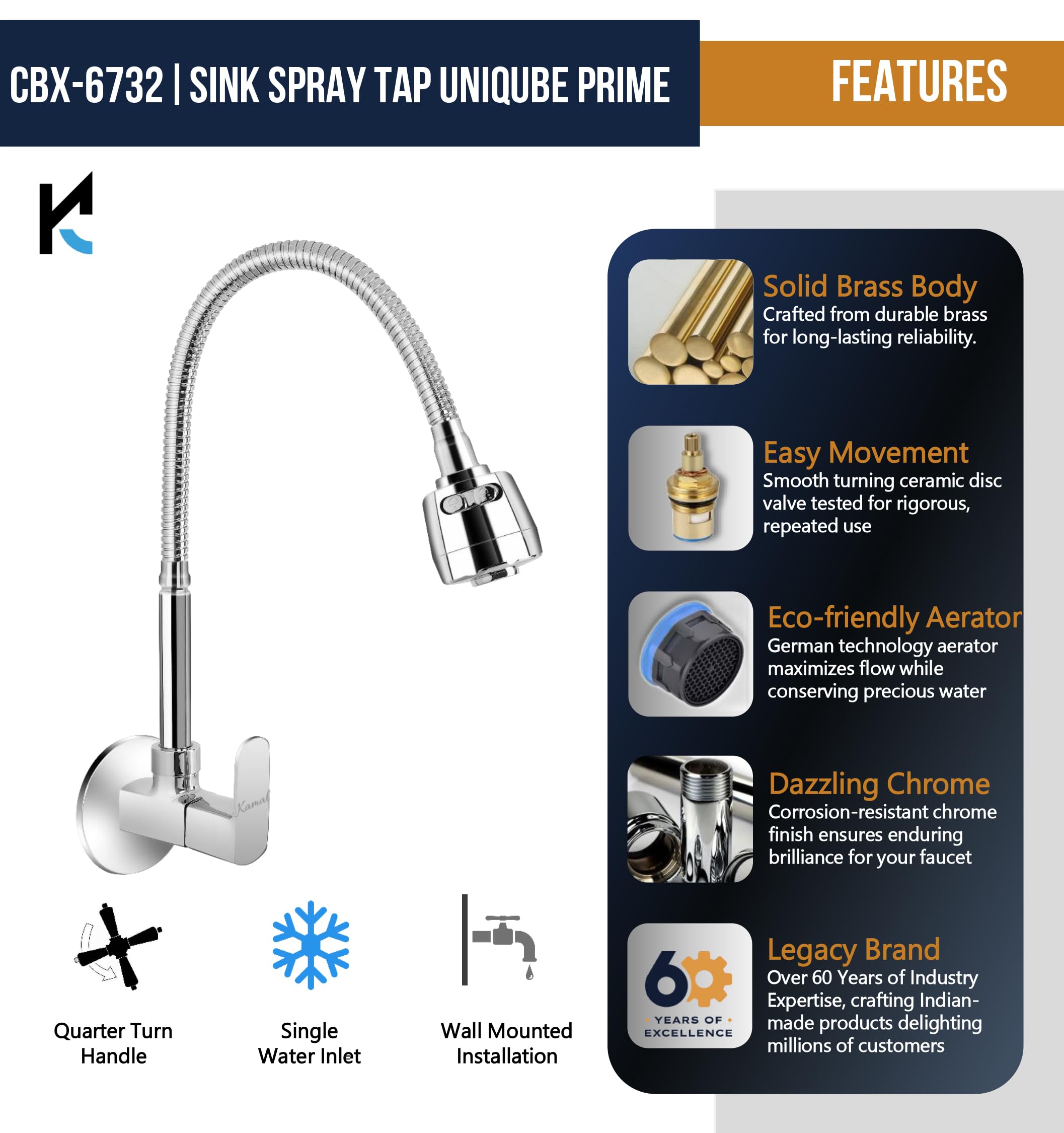 Cubix Prime Sink Spray Tap (Brass & SS Steel) - by Kamal