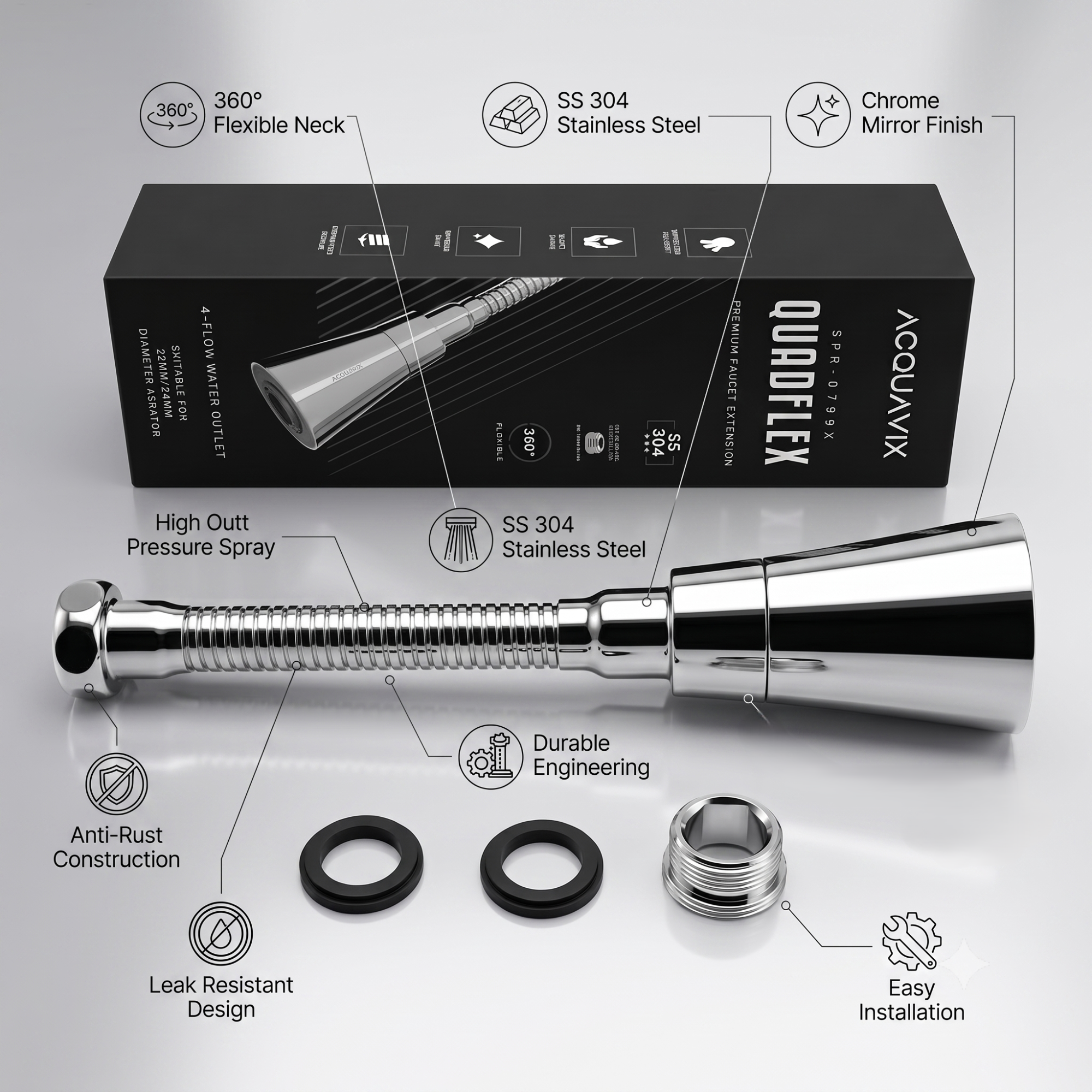 360° Flexible Faucet Extension SS 304 Four Flow Shower & Aerator Mode (ABS & SS Steel) - by Kamal