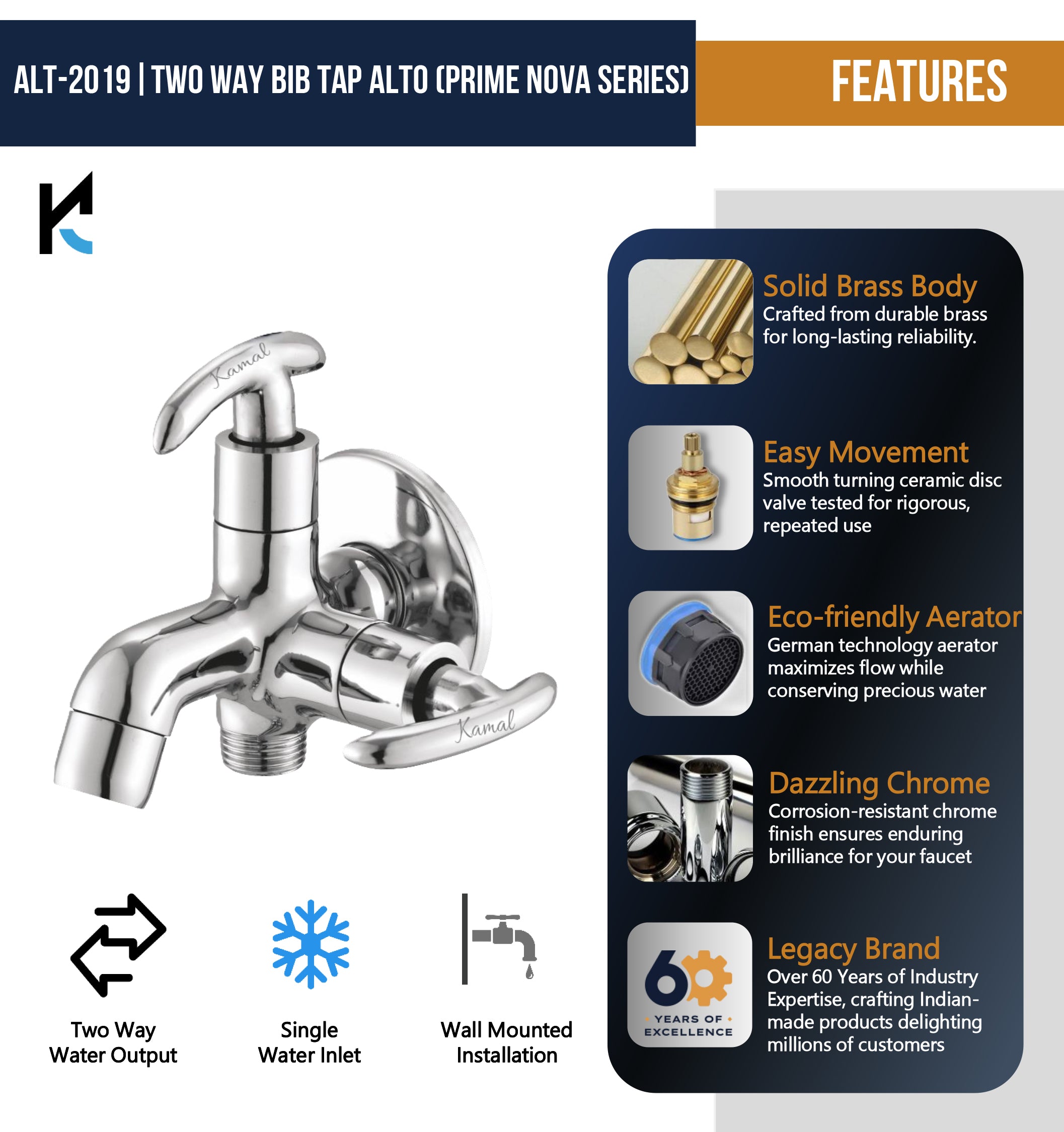 Alto Prime Nova Series  Two Way Bib Tap (Full Brass) - by Kamal