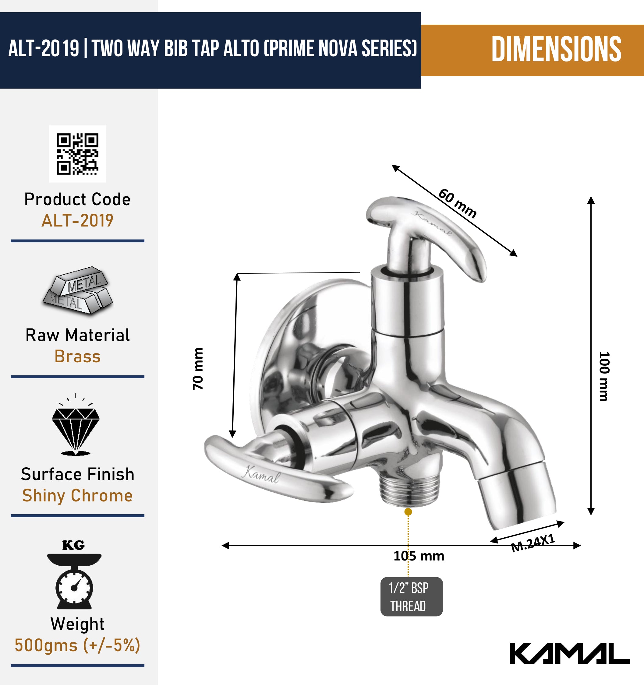 Alto Prime Nova Series  Two Way Bib Tap (Full Brass) - by Kamal