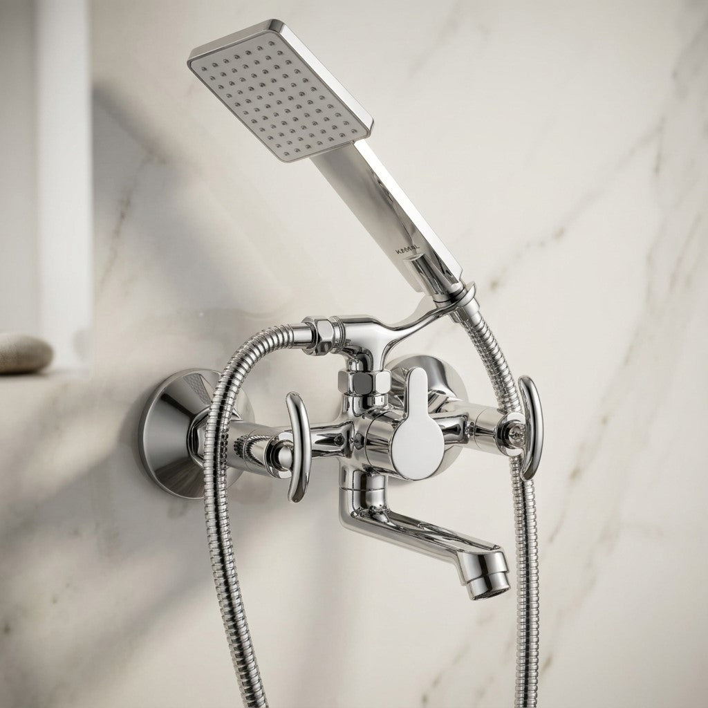 Alto Telephonic Wall Mixer with Crutch & Hand Shower (Full Brass) - by Kamal