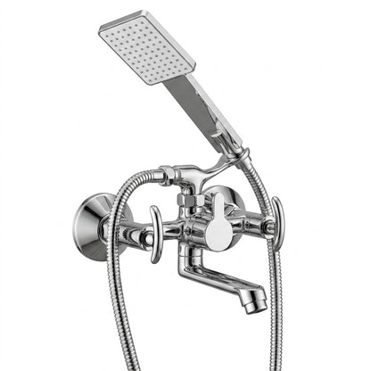 Alto Telephonic Wall Mixer with Crutch and Hand Shower, full brass construction by Kamal, mounted on bathroom wall.