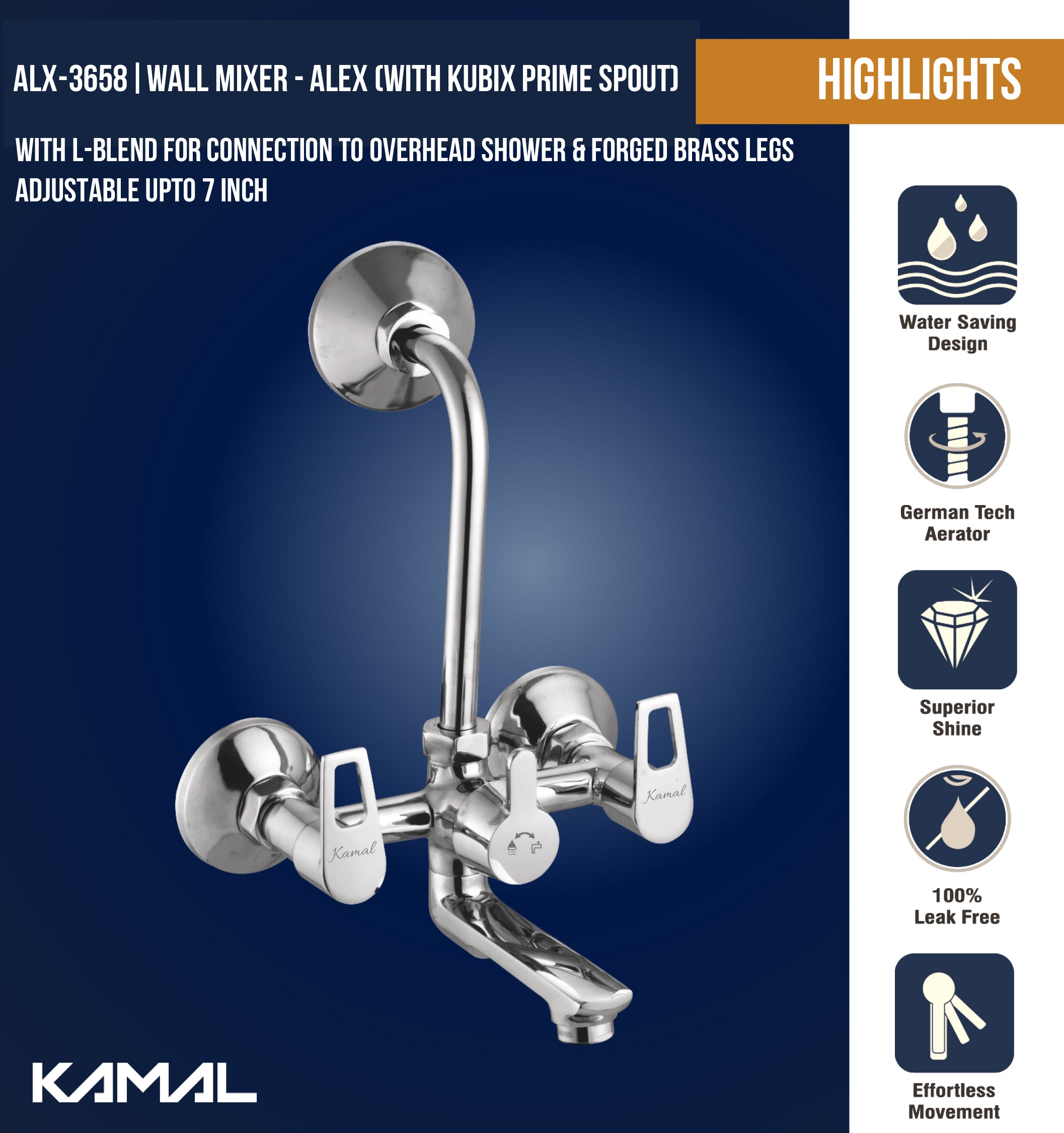 Alex Wall Mixer with L bend Pipe Kubix Prime Spout (Full Brass) - by Kamal