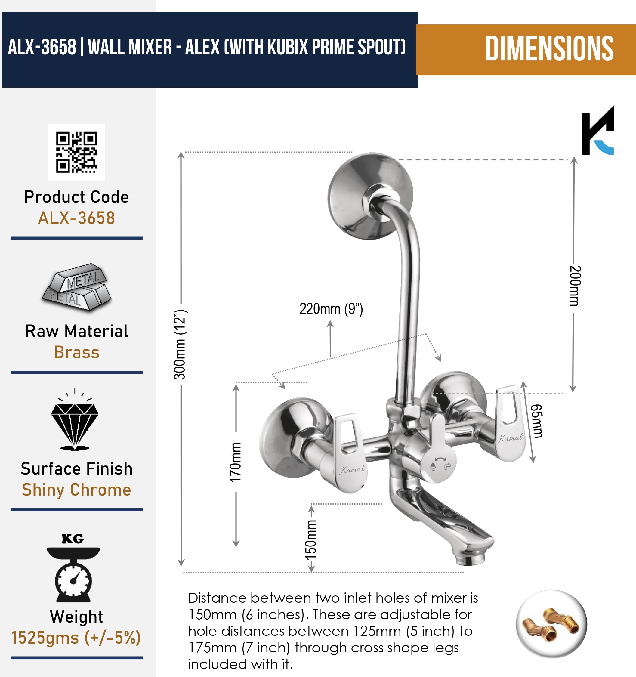 Alex Wall Mixer with L bend Pipe Kubix Prime Spout (Full Brass) - by Kamal