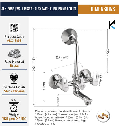 Alex Wall Mixer with L bend Pipe Kubix Prime Spout (Full Brass) - by Kamal
