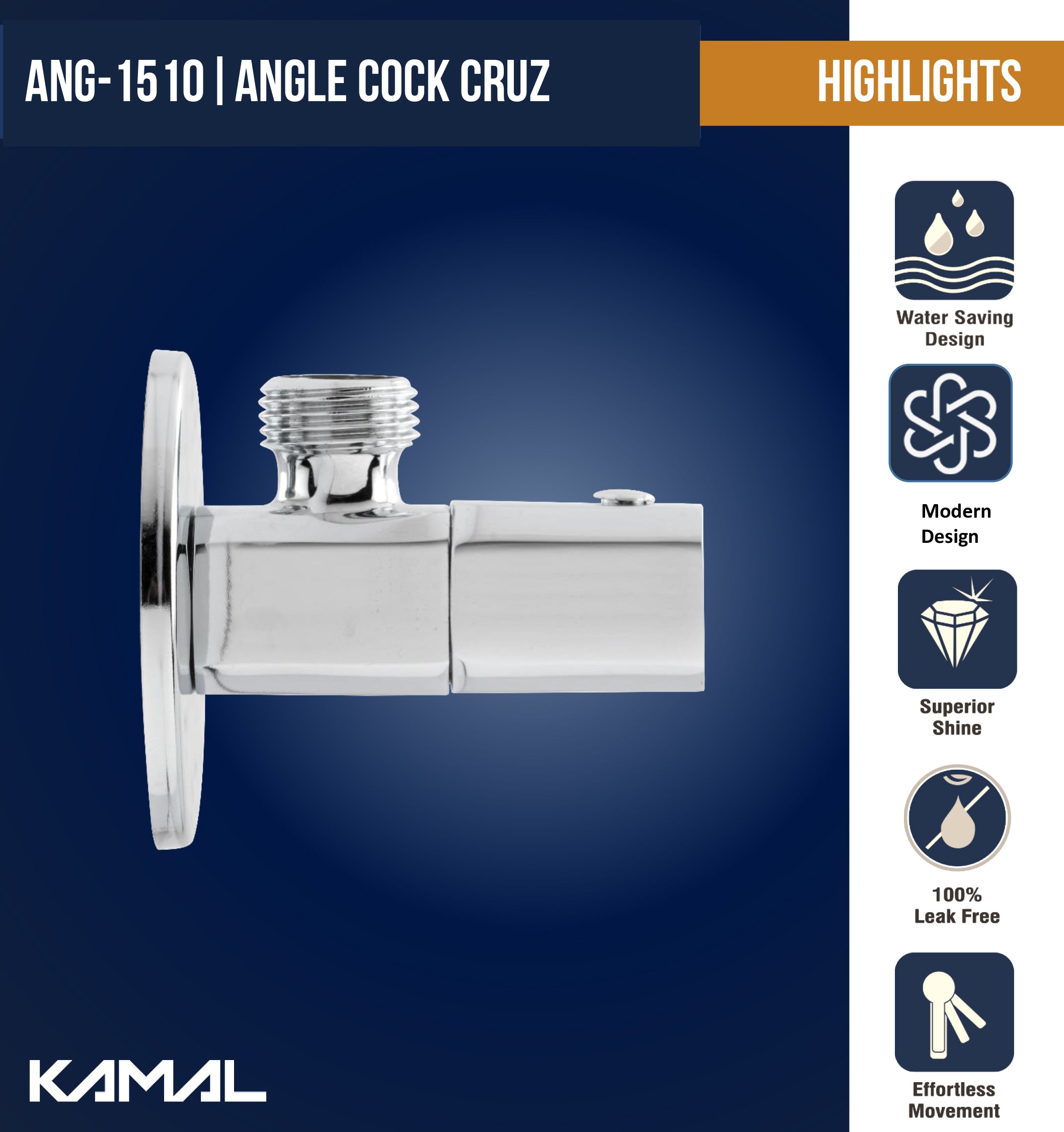 Cruz Premium Full Brass Angle Cock with Wall Flange (Full Brass) - by Kamal
