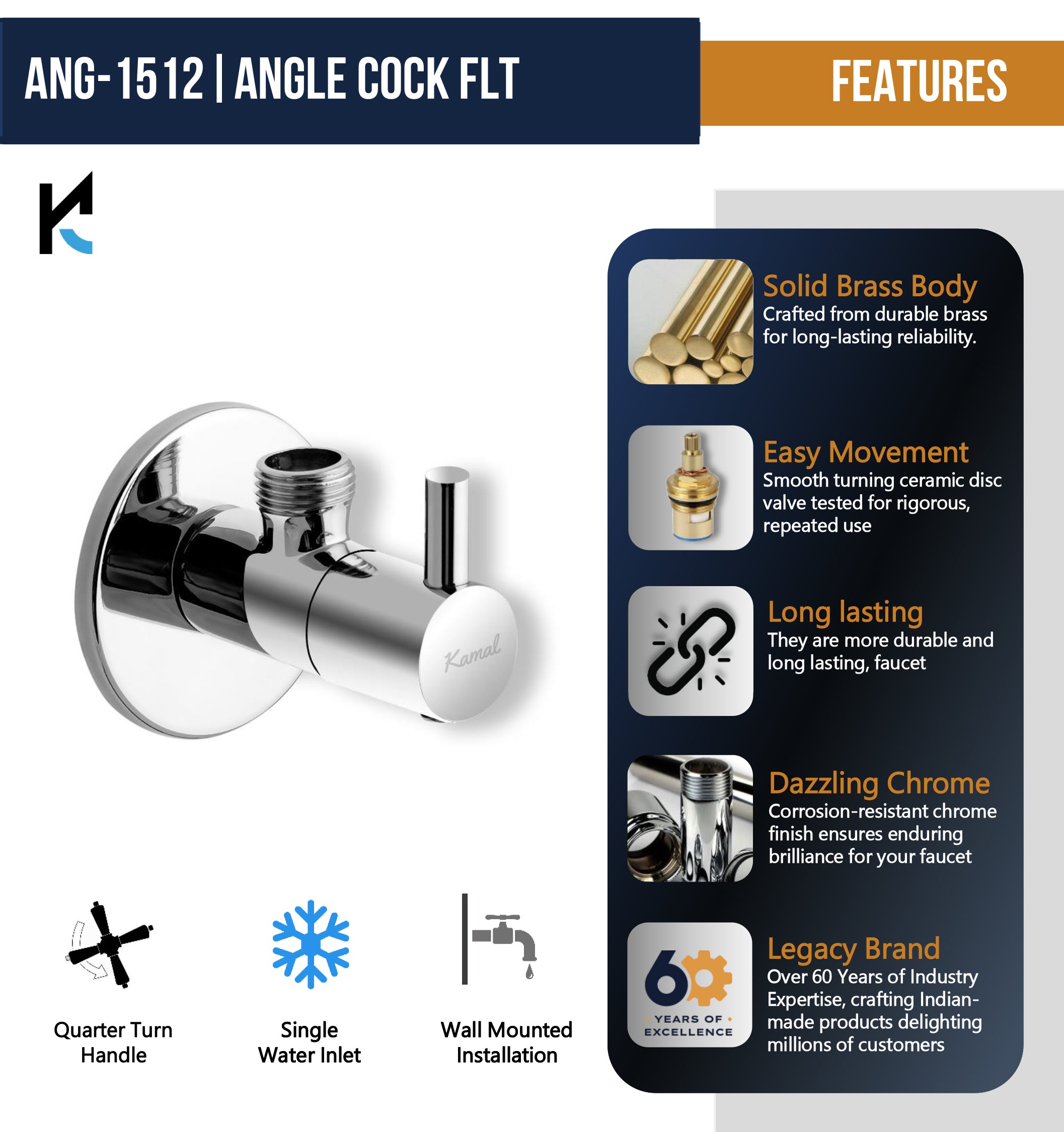FLT Angle Valve with Wall Flange (Full Brass) - by Kamal