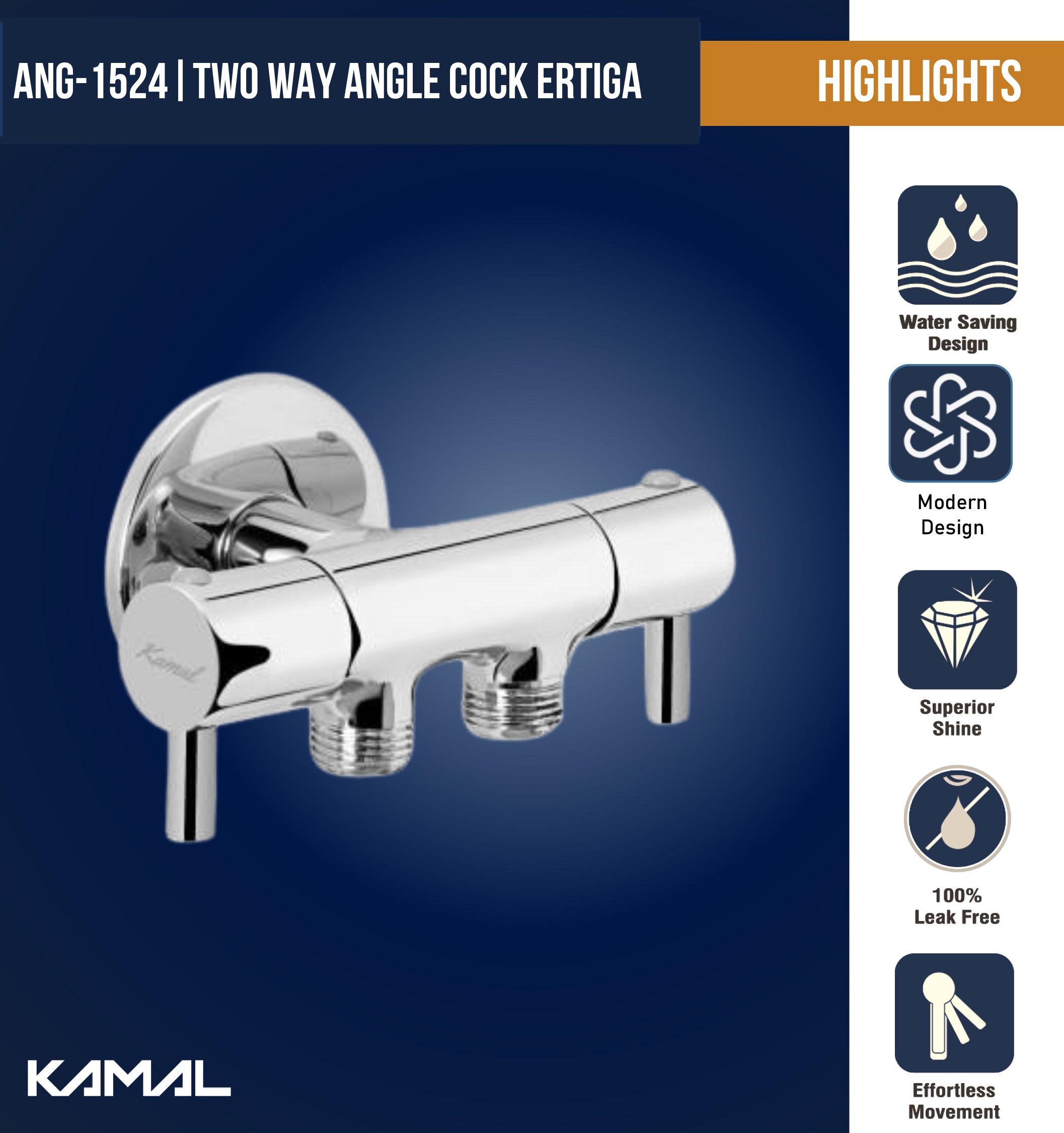 Ertiga Two Way Angle Valve with Wall Flange (Full Brass) - by Kamal