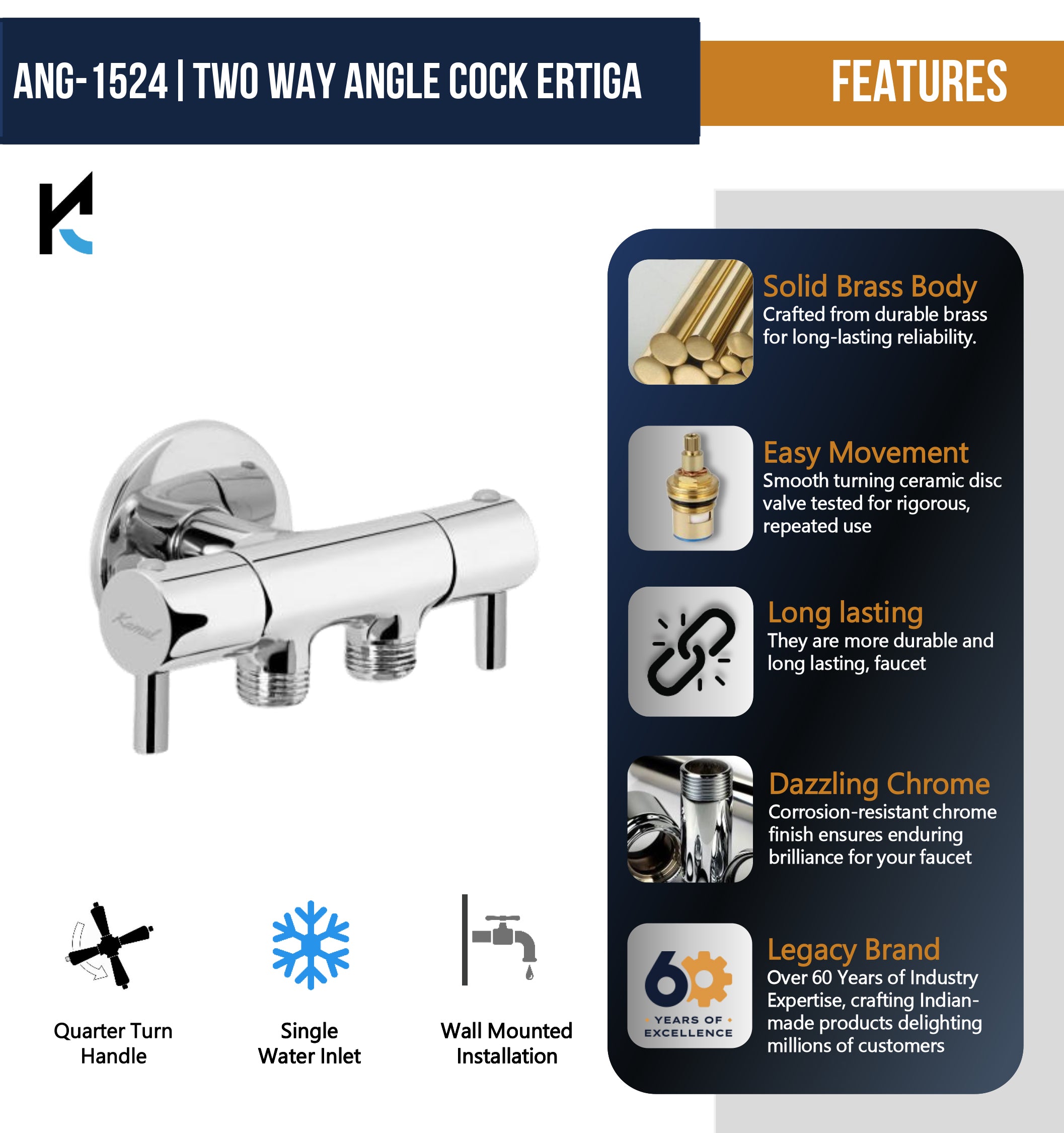 Ertiga Two Way Angle Valve with Wall Flange (Full Brass) - by Kamal