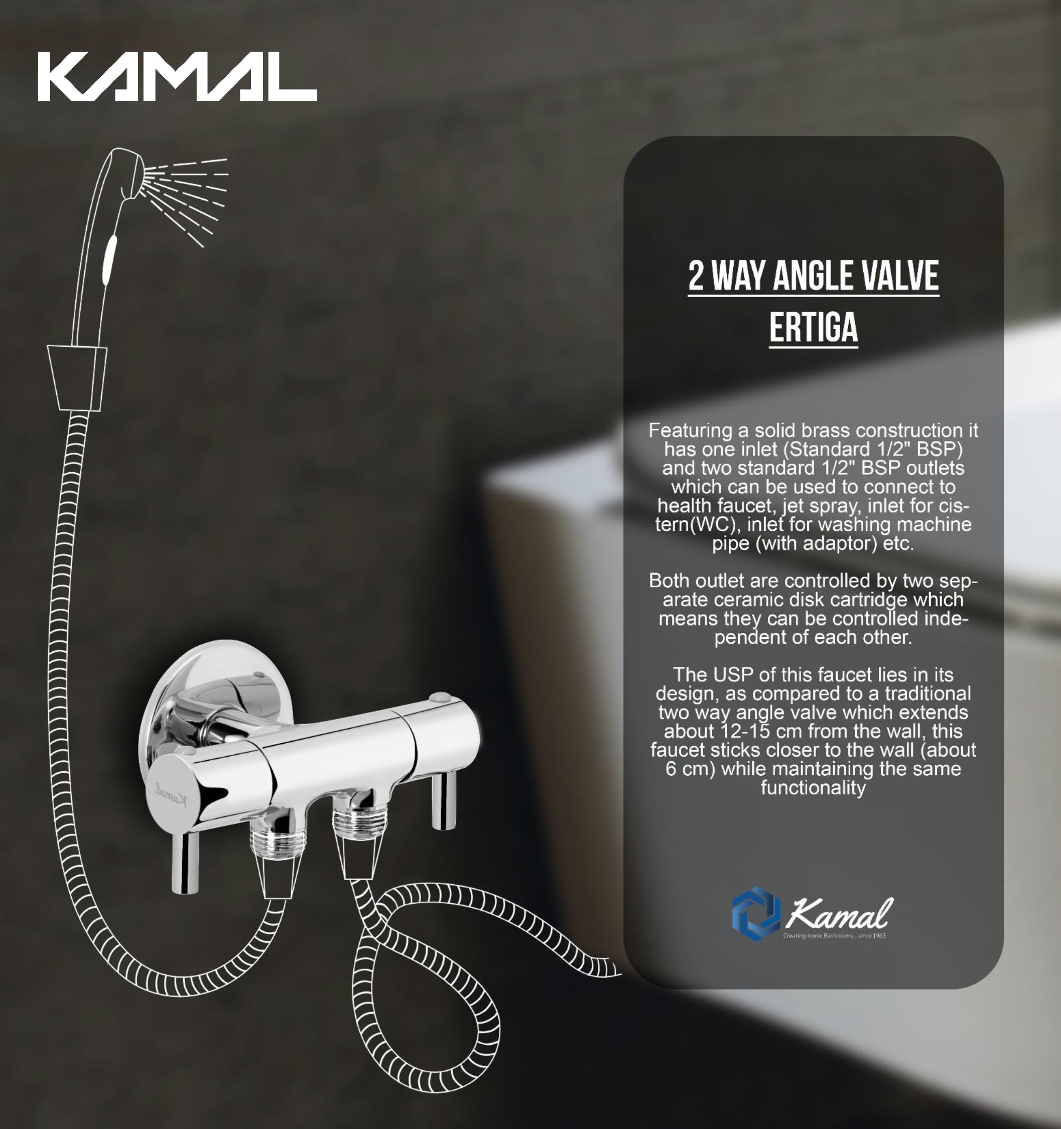 Ertiga Two Way Angle Valve with Wall Flange (Full Brass) - by Kamal