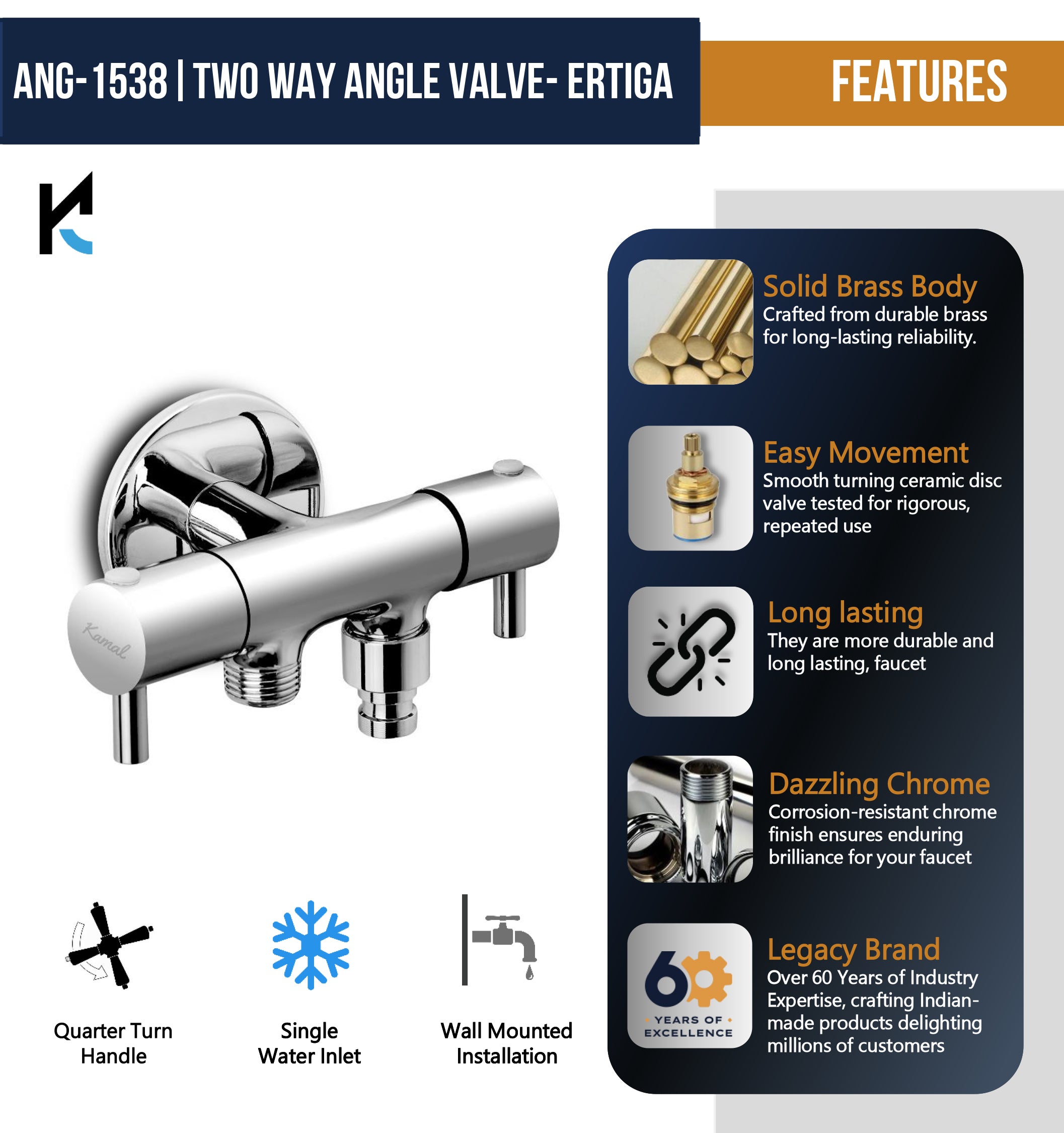 Ertiga Two Way Angle Valve (Full Brass) - by Kamal