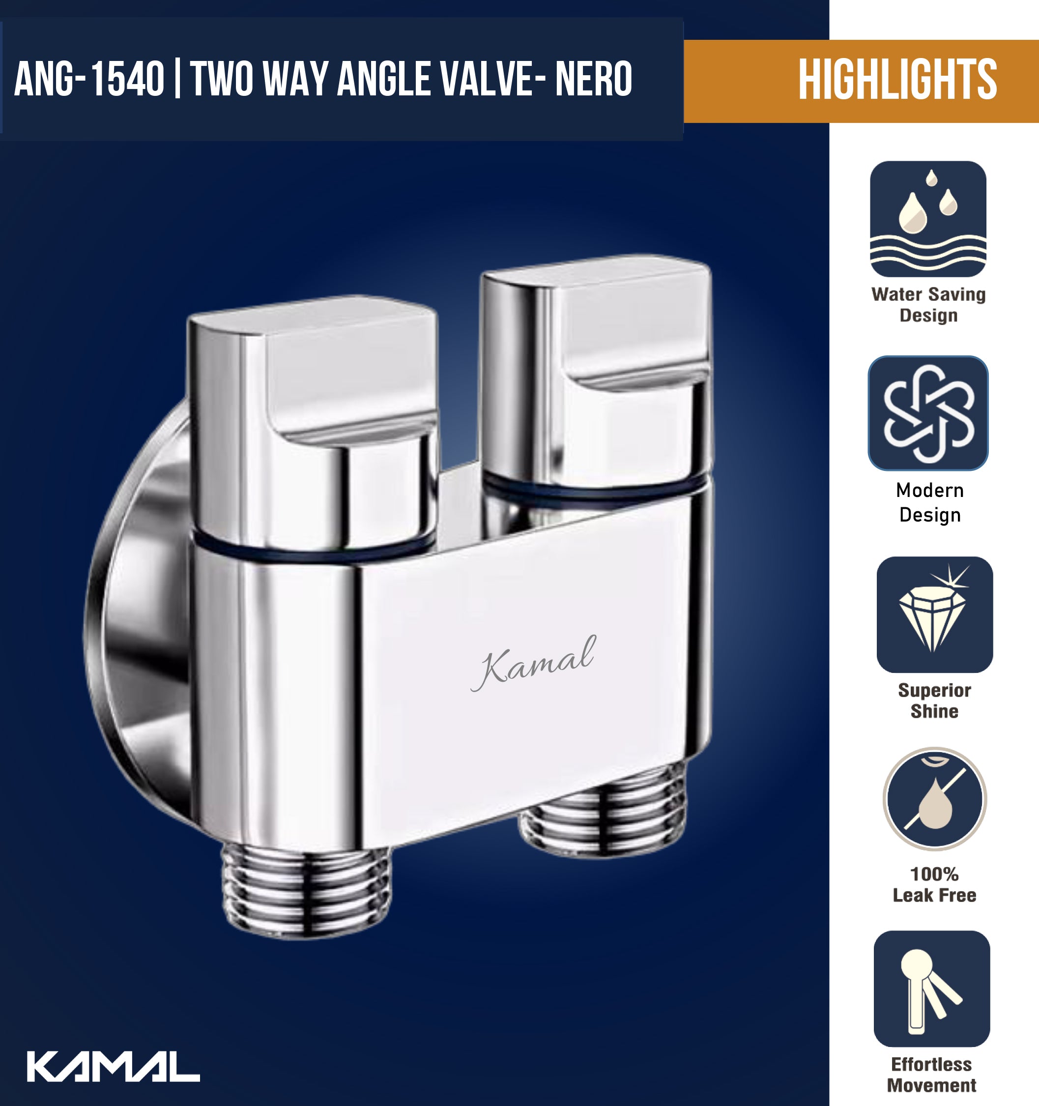 Nero Two Way Angle Valve (Full Brass) - by Kamal