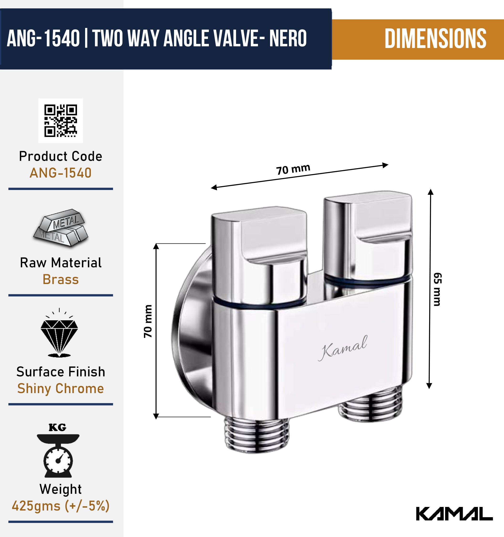 Nero Two Way Angle Valve (Full Brass) - by Kamal