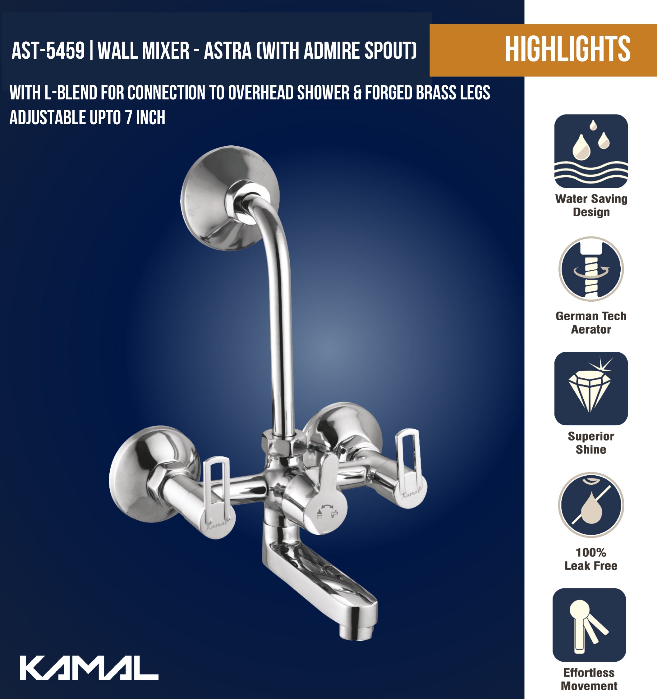 Astra Wall Mixer with L Bend Pipe Admire Spout (Full Brass) - by Kamal