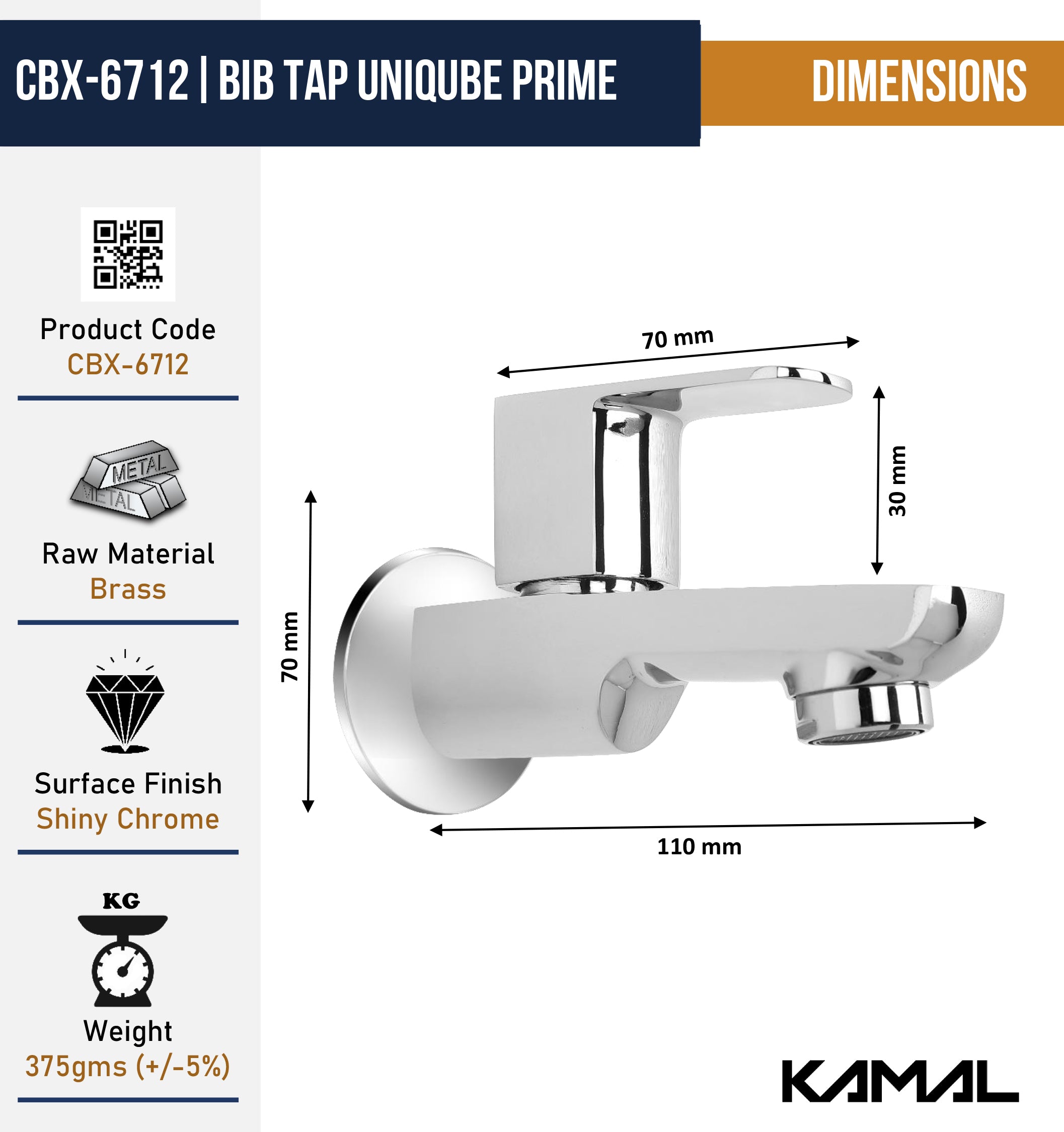Cubix Prime Bib Tap (Full Brass) - by Kamal