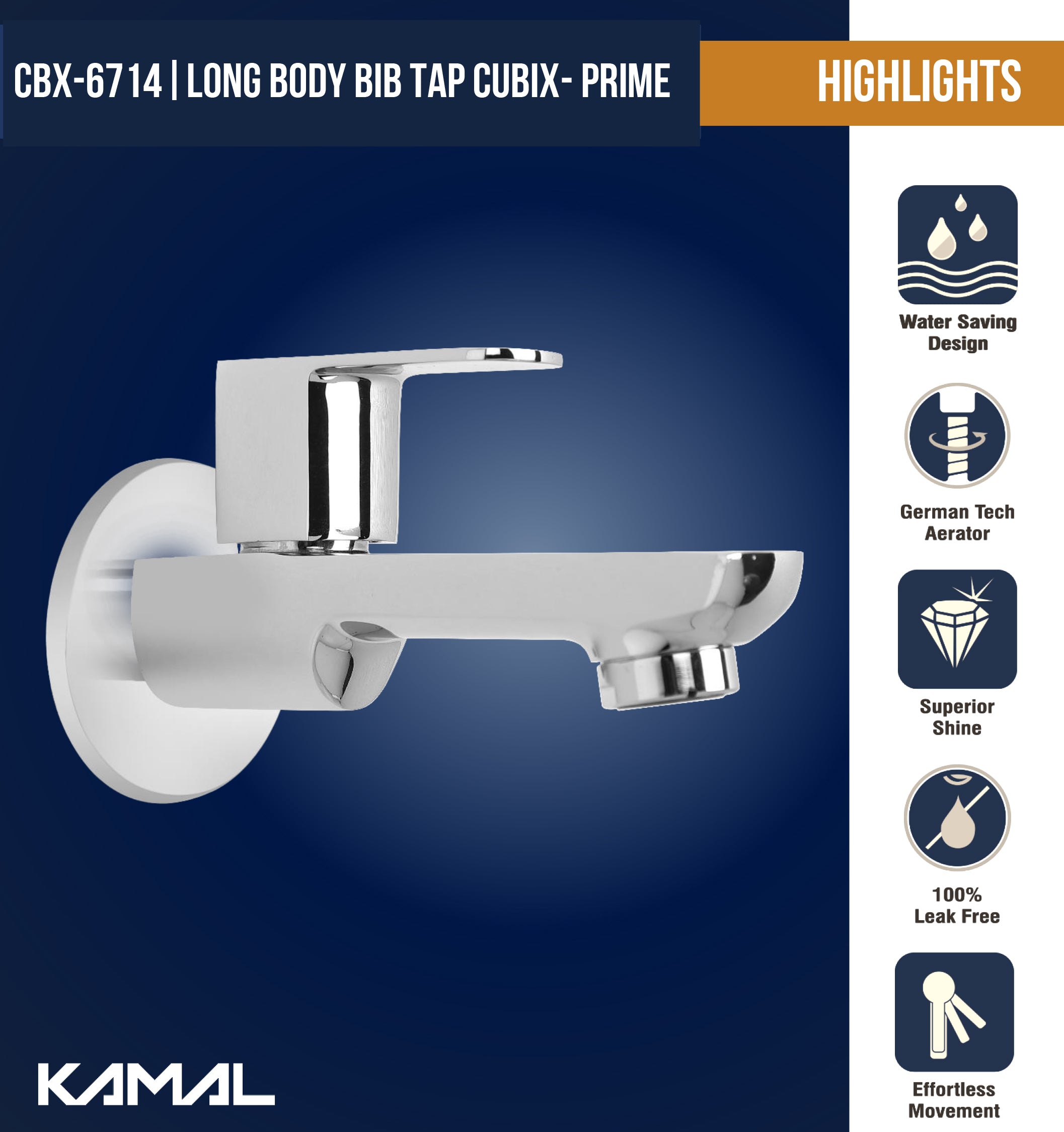 Cubix Prime Long Body Bib Tap (Full Brass) - by Kamal