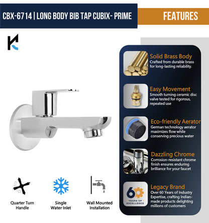 Cubix Prime Long Body Bib Tap (Full Brass) - by Kamal