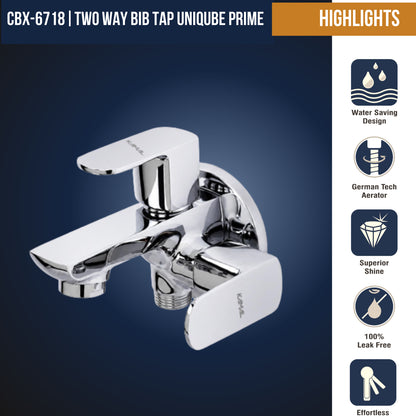 Kamal Cubix Prime two-way bib tap in full brass with dual spouts and handles for versatile bathroom or kitchen use.
