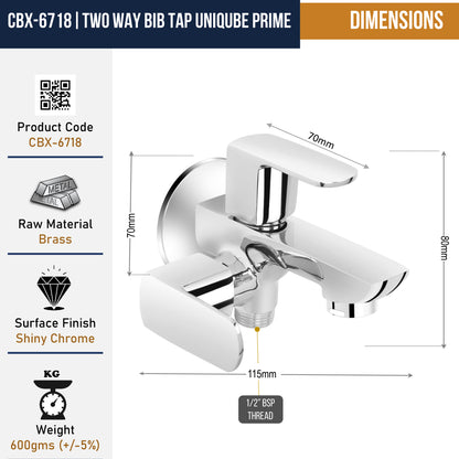 Kamal Cubix Prime two-way bib tap in full brass with dual outlets, shown installed in a modern bathroom setting.