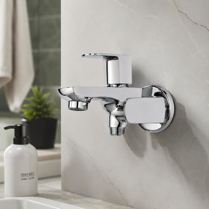 Kamal Cubix Prime two-way bib tap in full brass, featuring a dual outlet design for versatile bathroom or kitchen use.