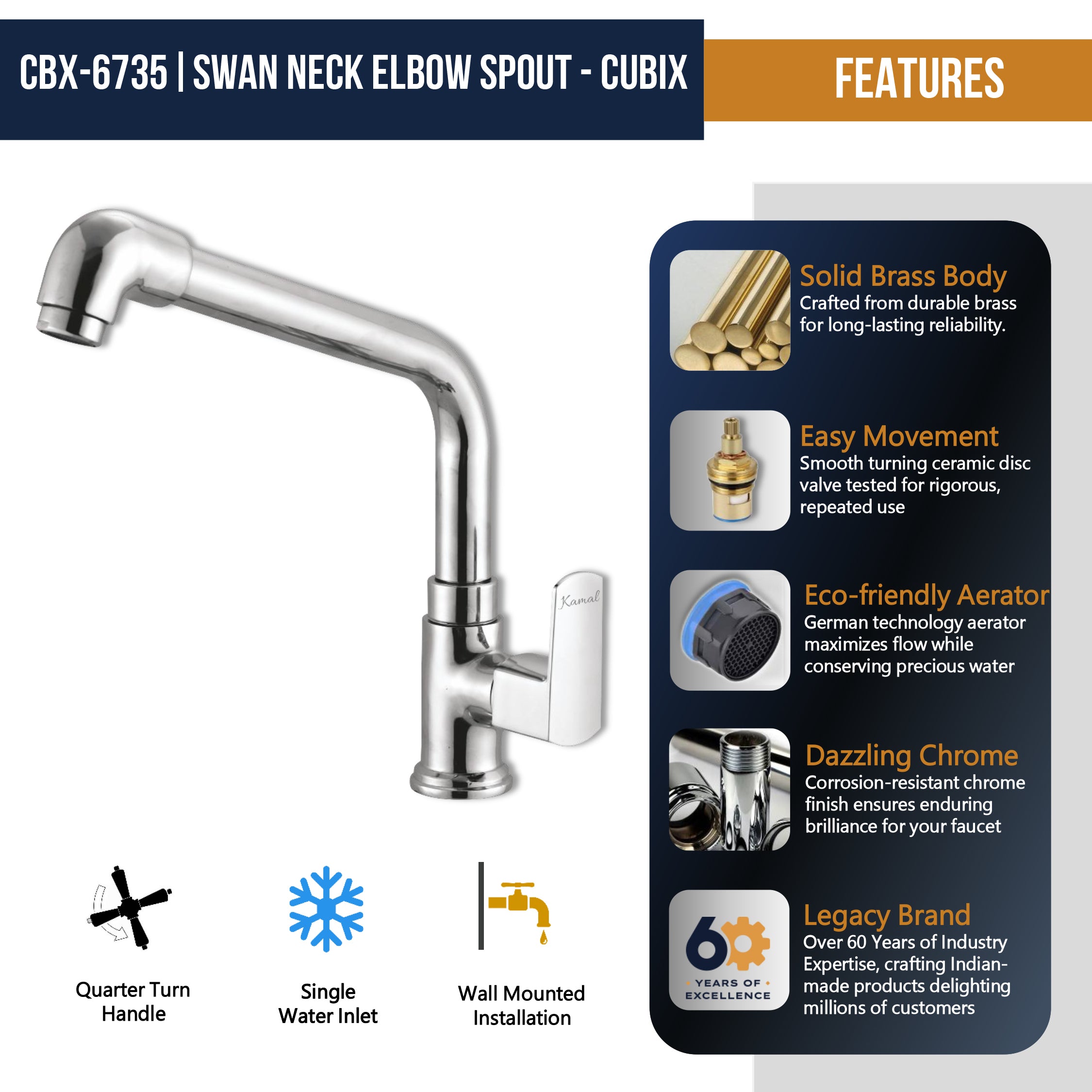Cubix Swan Neck Elbow Spout (Full Brass) - by Kamal