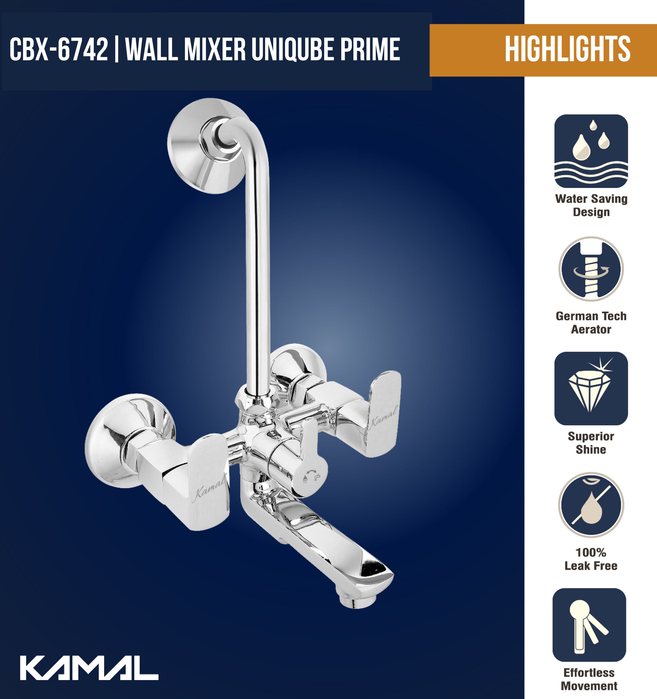 Cubix Prime Wall Mixer with L Bend Pipe (Full Brass) - by Kamal