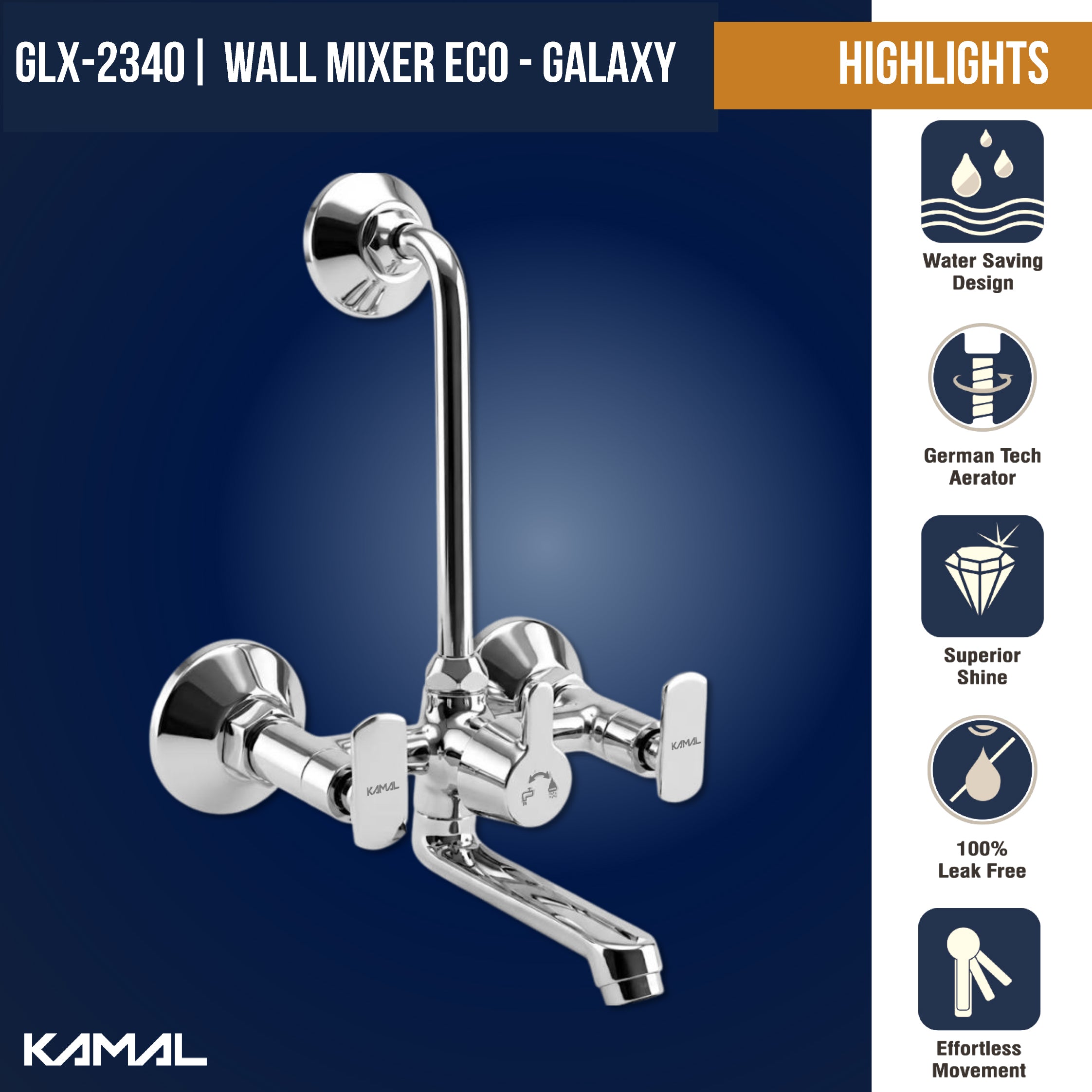 Galaxy Wall Mixer with L Bend Pipe (Full Brass) - by Kamal - Kamal Bathware