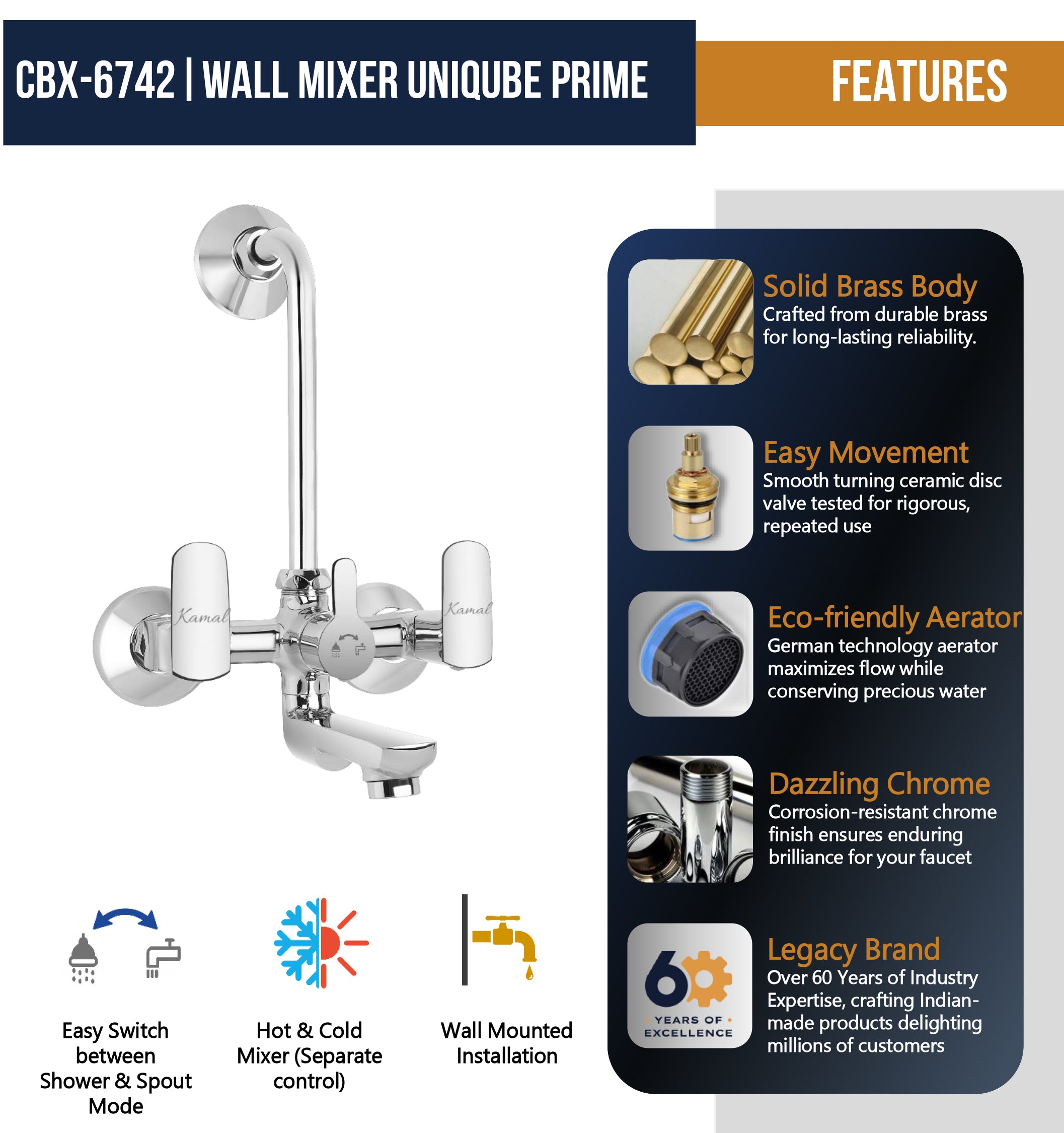 Cubix Prime Wall Mixer with L Bend Pipe (Full Brass) - by Kamal