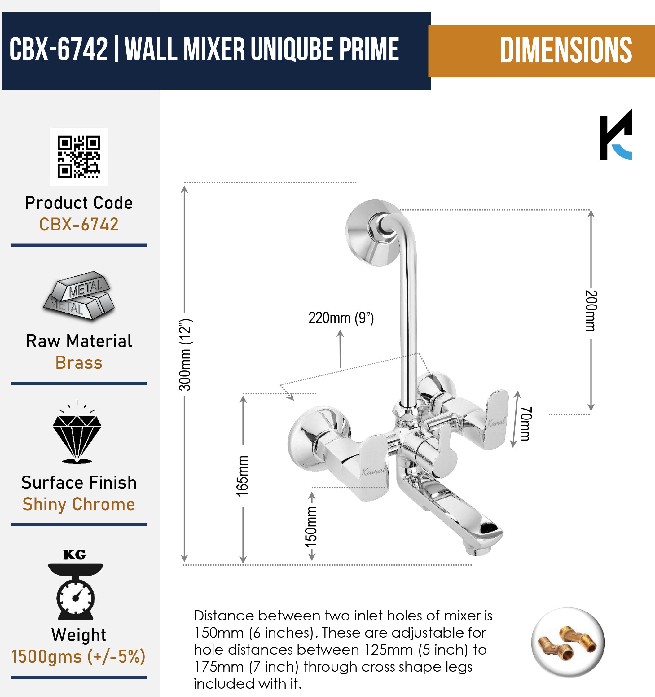 Cubix Prime Wall Mixer with L Bend Pipe (Full Brass) - by Kamal