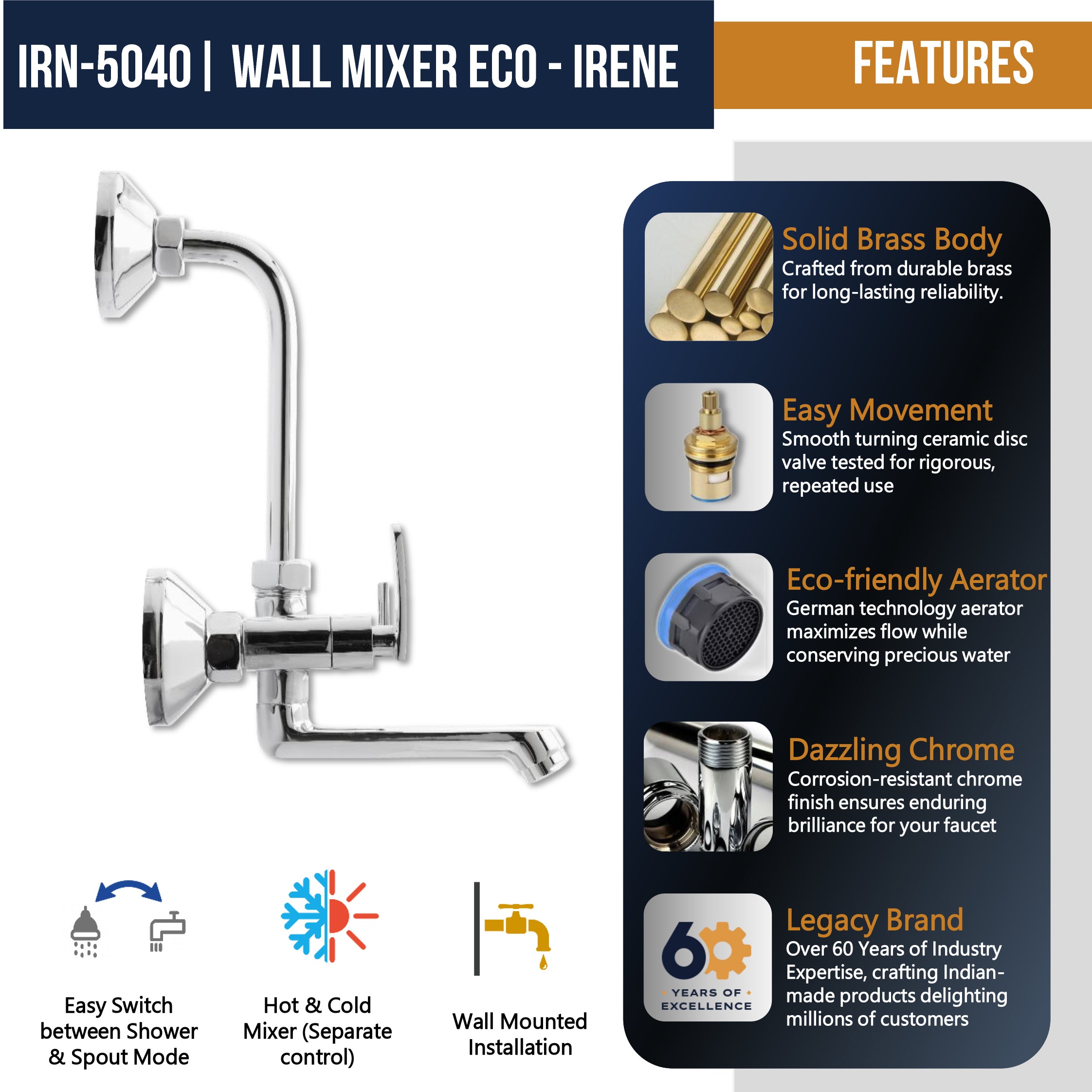 Irene Wall Mixer with L Bend Pipe (Full Brass) - by Kamal - Kamal Bathware