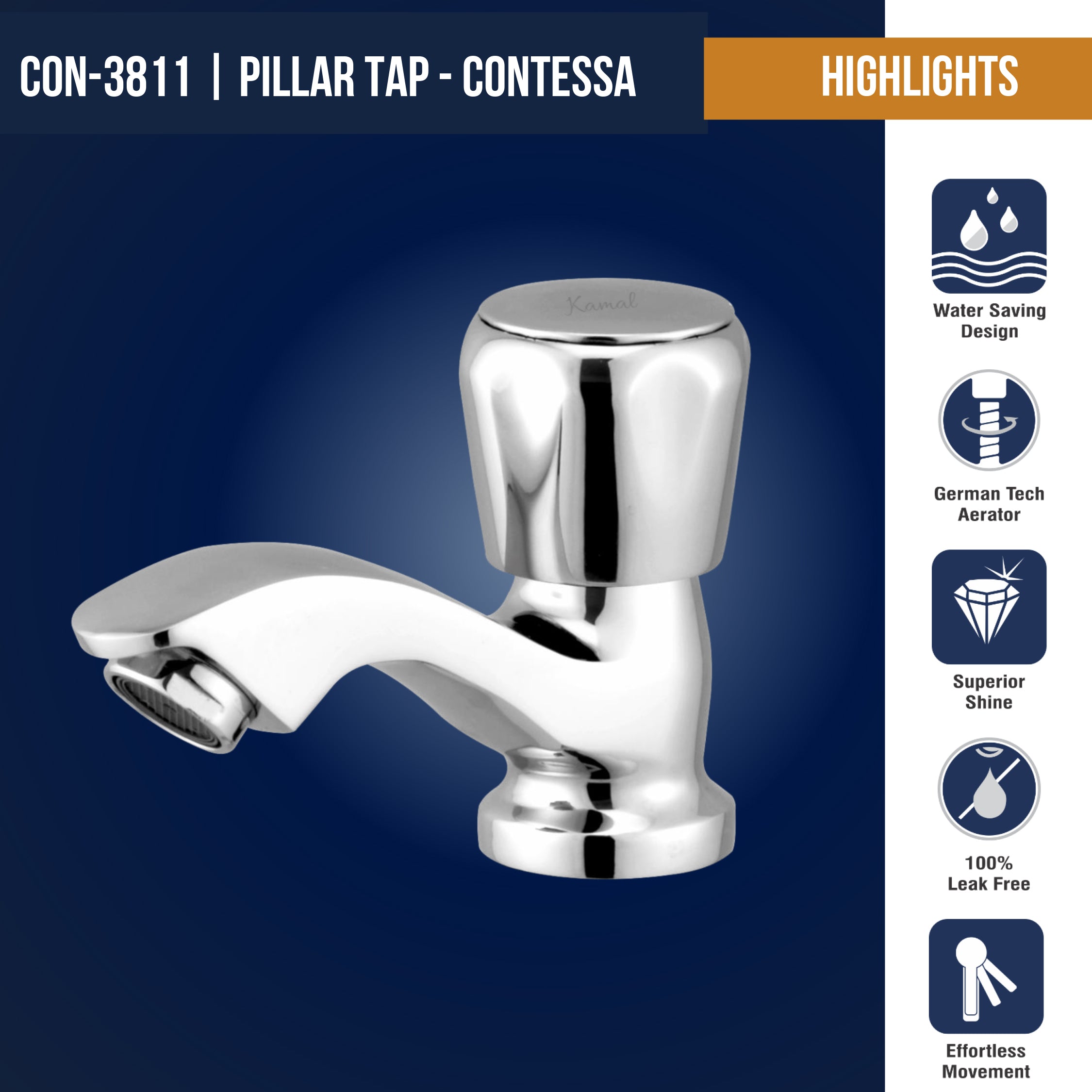 Contessa Prime Pillar Tap (Full Brass) - by Kamal