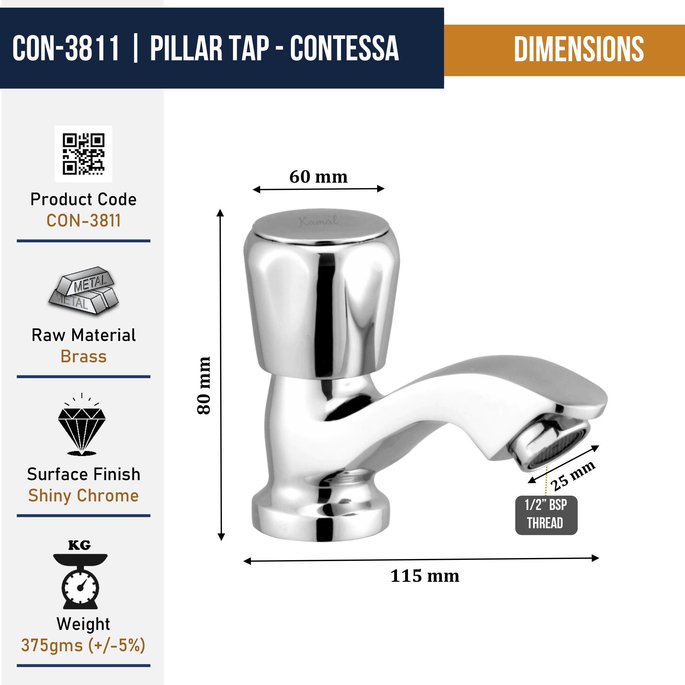 Contessa Prime Pillar Tap (Full Brass) - by Kamal
