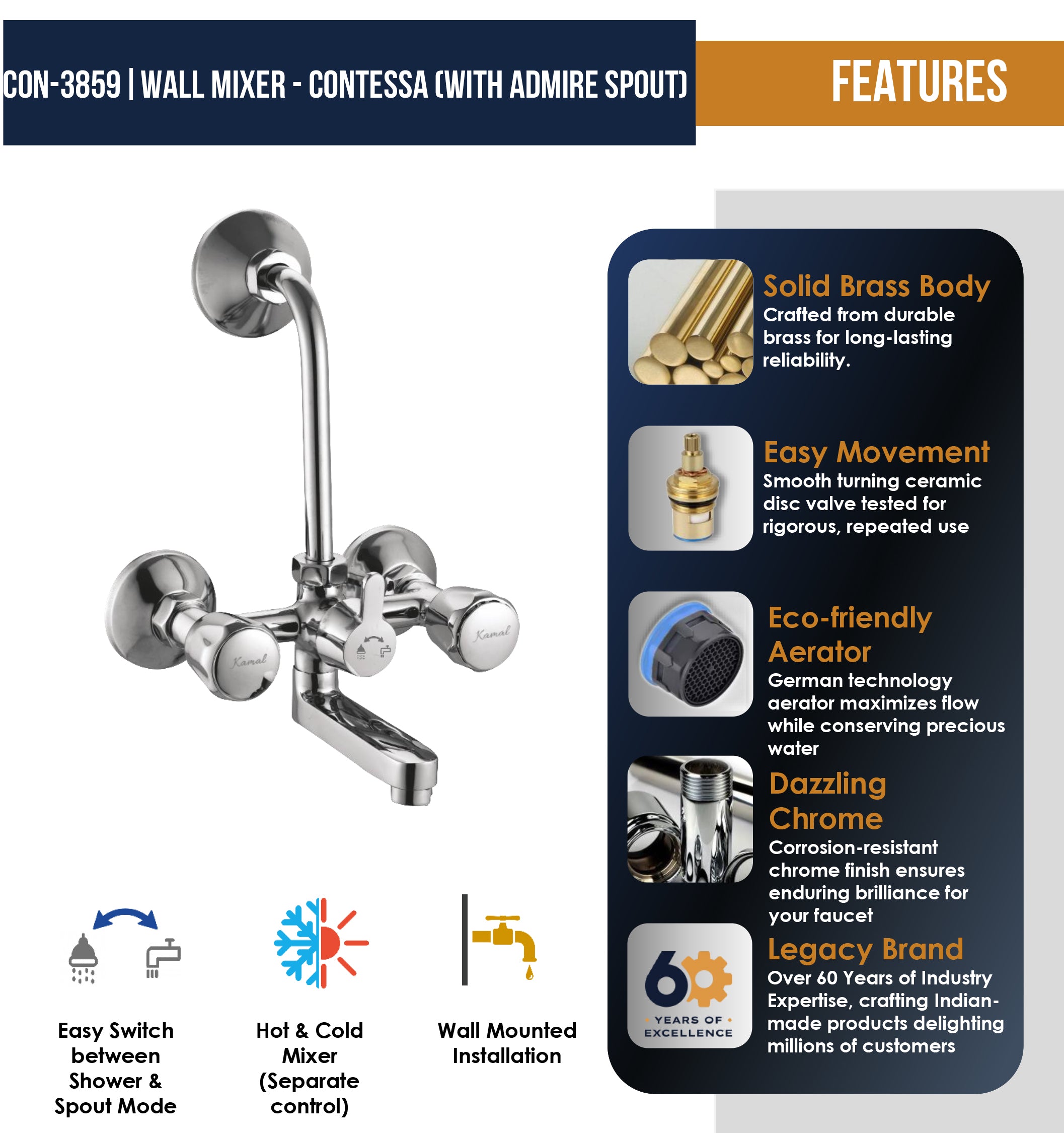 Contessa Wall Mixer with L bend Pipe Admire Spout (Full Brass) - by Kamal