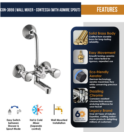 Contessa Wall Mixer with L bend Pipe Admire Spout (Full Brass) - by Kamal