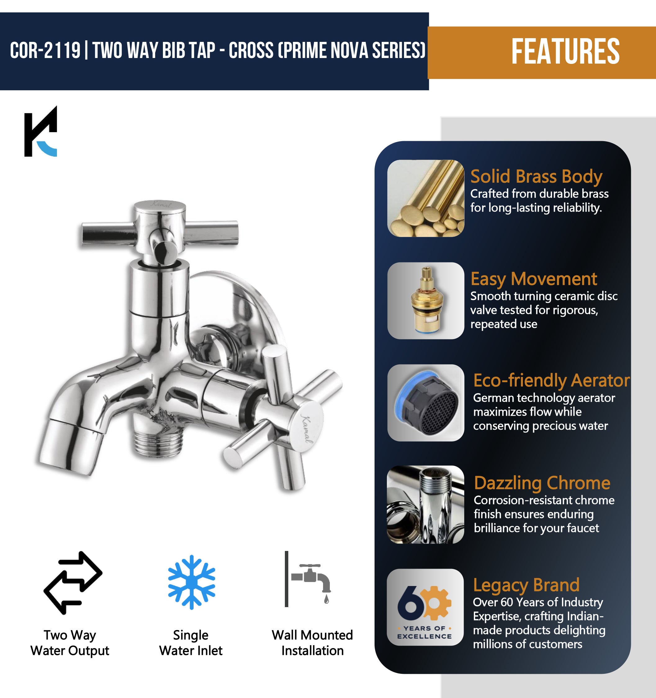 Cross Prime Nova Series Two in One Bib Tap (Full Brass) - by Kamal