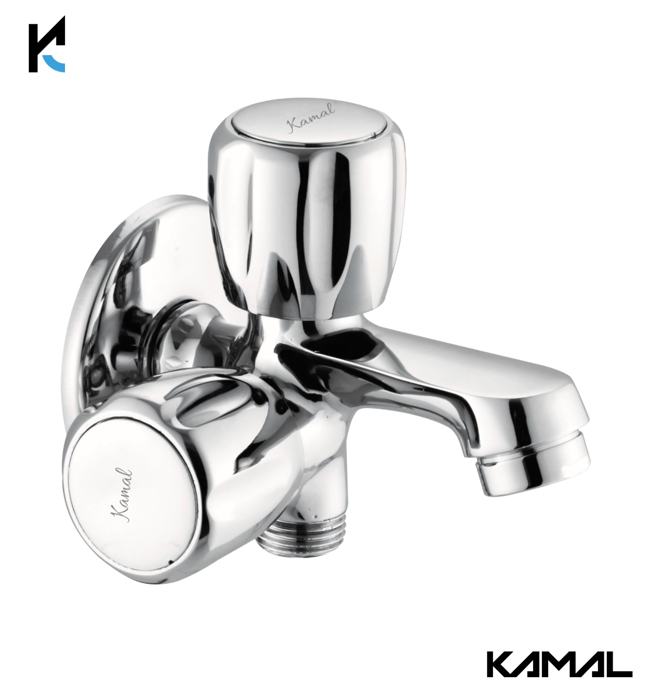 Kamal Crystal Two Way Bib Tap, full brass fixture with crystal handle, shown in a close-up image highlighting its polished finish.