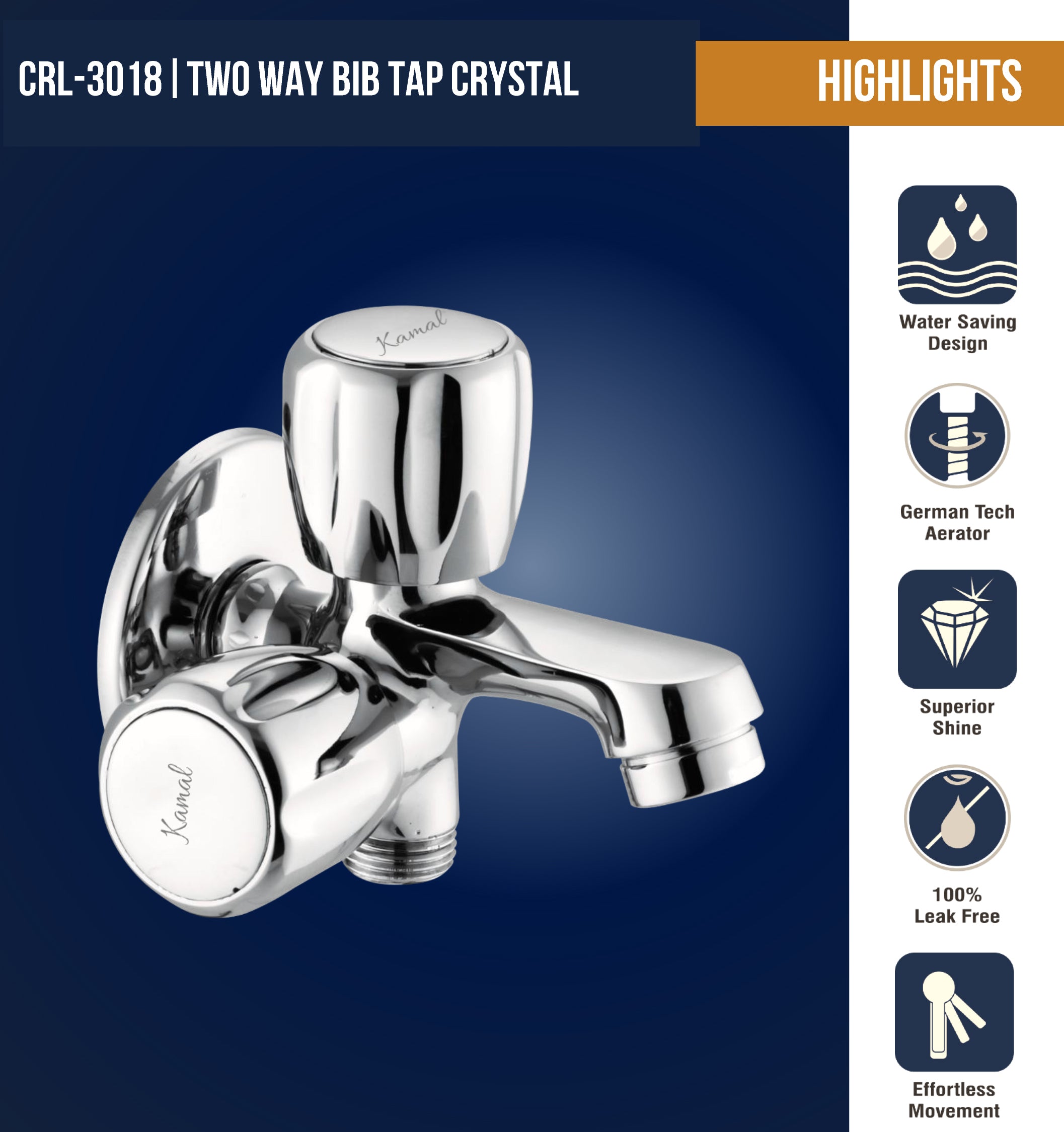 Crystal Two Way Bib Tap by Kamal, full brass construction, featuring a sleek crystal finish and dual outlet functionality.