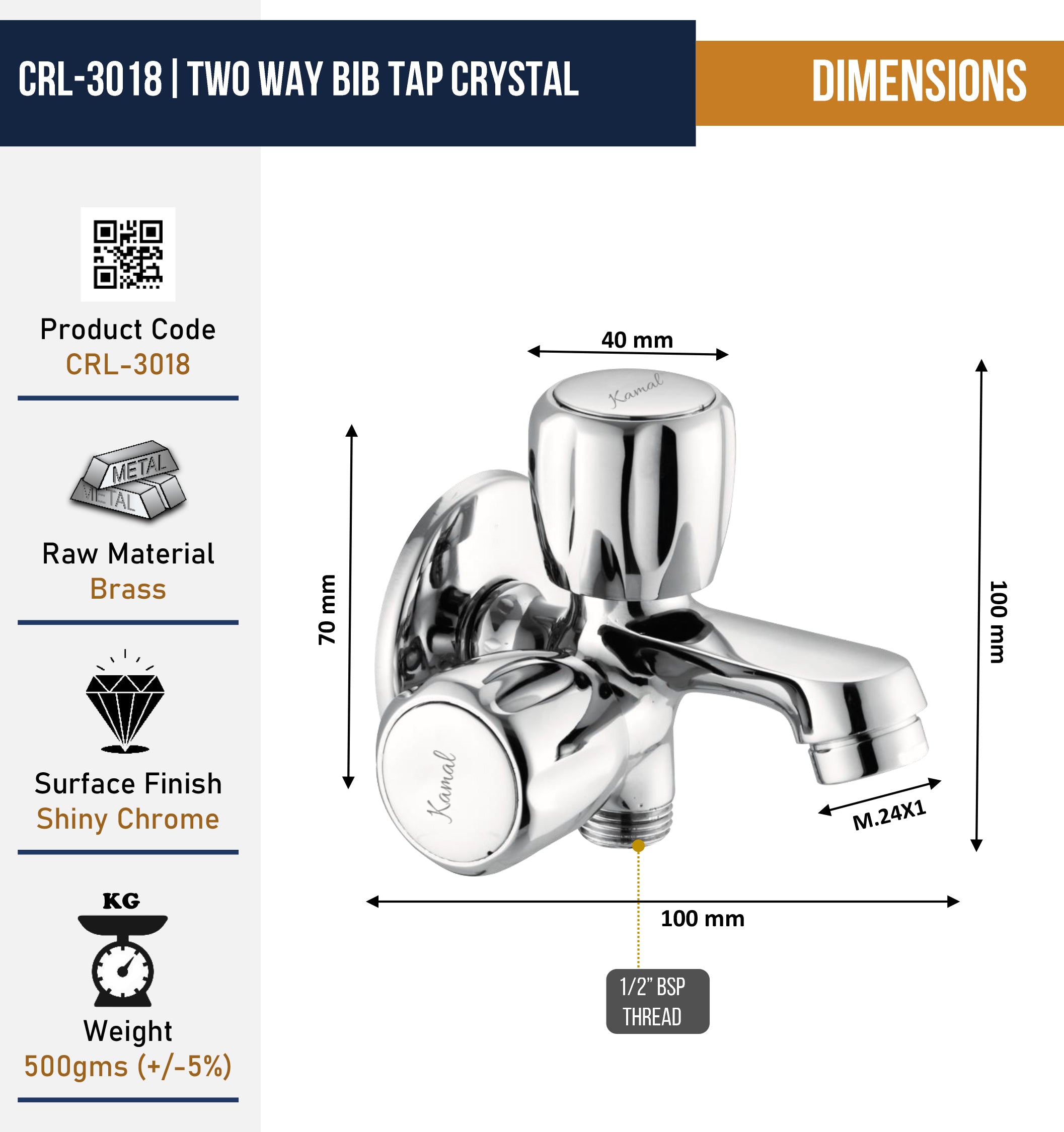 Crystal Two Way Bib Tap by Kamal, full brass construction, shown in a close-up image highlighting the crystal finish and dual outlet design.