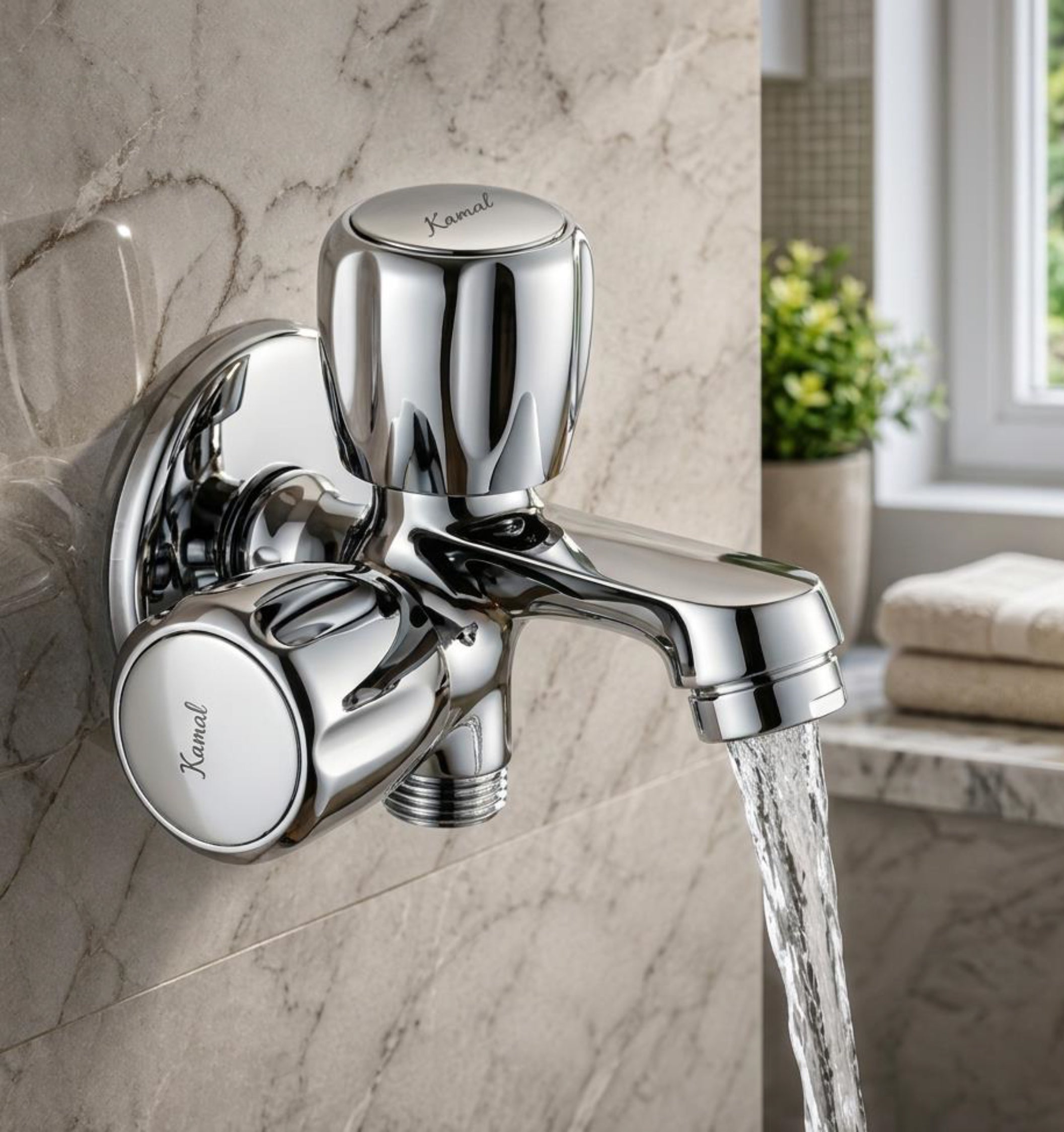 Kamal Crystal Two Way Bib Tap made of full brass, featuring a sleek crystal design for bathroom or kitchen installation.