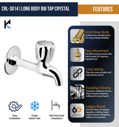 Crystal Full Brass Long Body Bib Cock Tap (Full Brass) - by Kamal