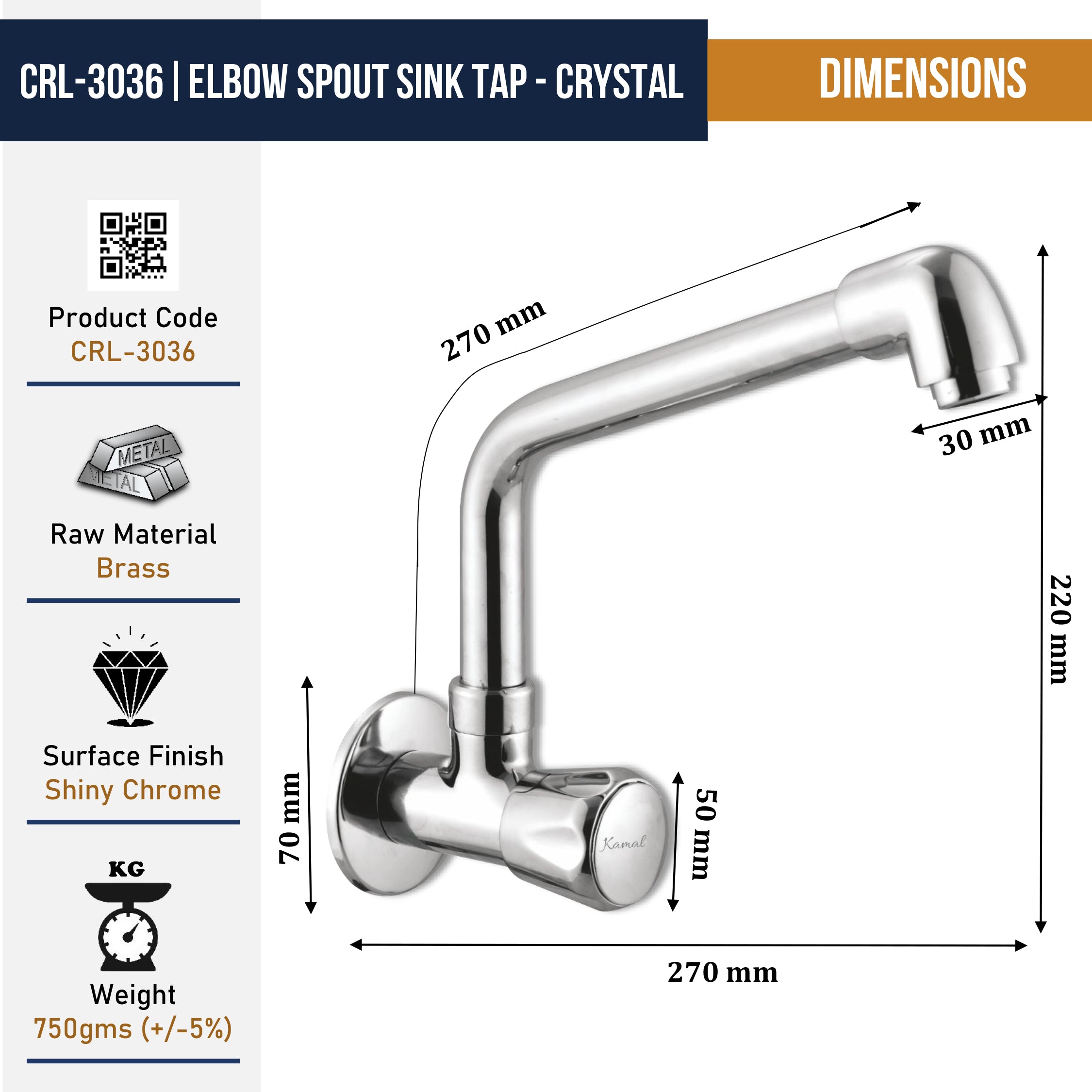 Crystal Sink Tap Elbow Spout (Full Brass) - by Kamal