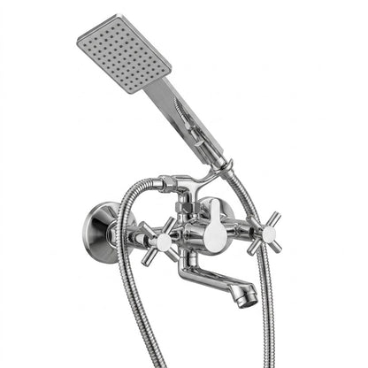 Kamal Cross Telephonic Wall Mixer with Crutch, full brass finish, mounted on wall with cross handle and plumbing connections visible